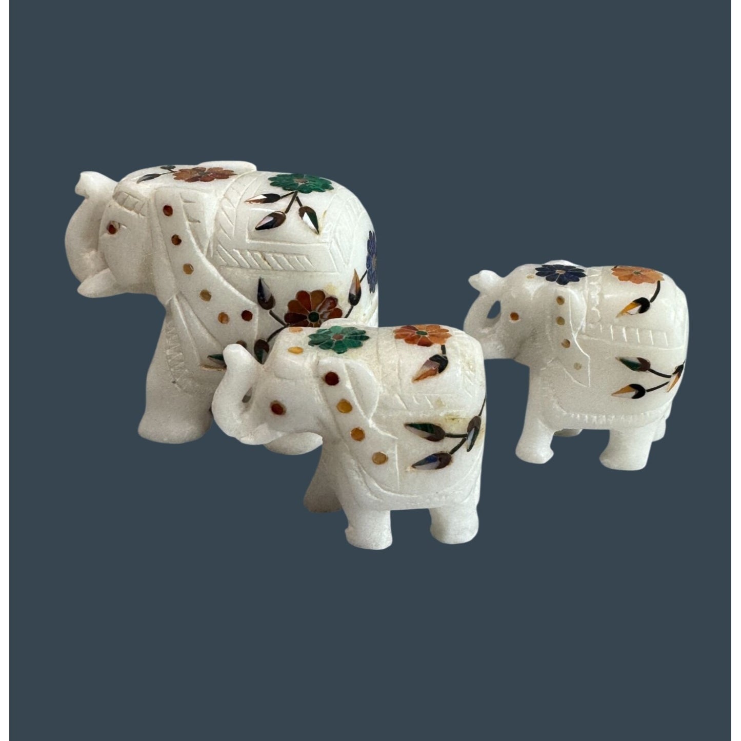 Marble Elephant Figurine Set With Floral Inlay Design