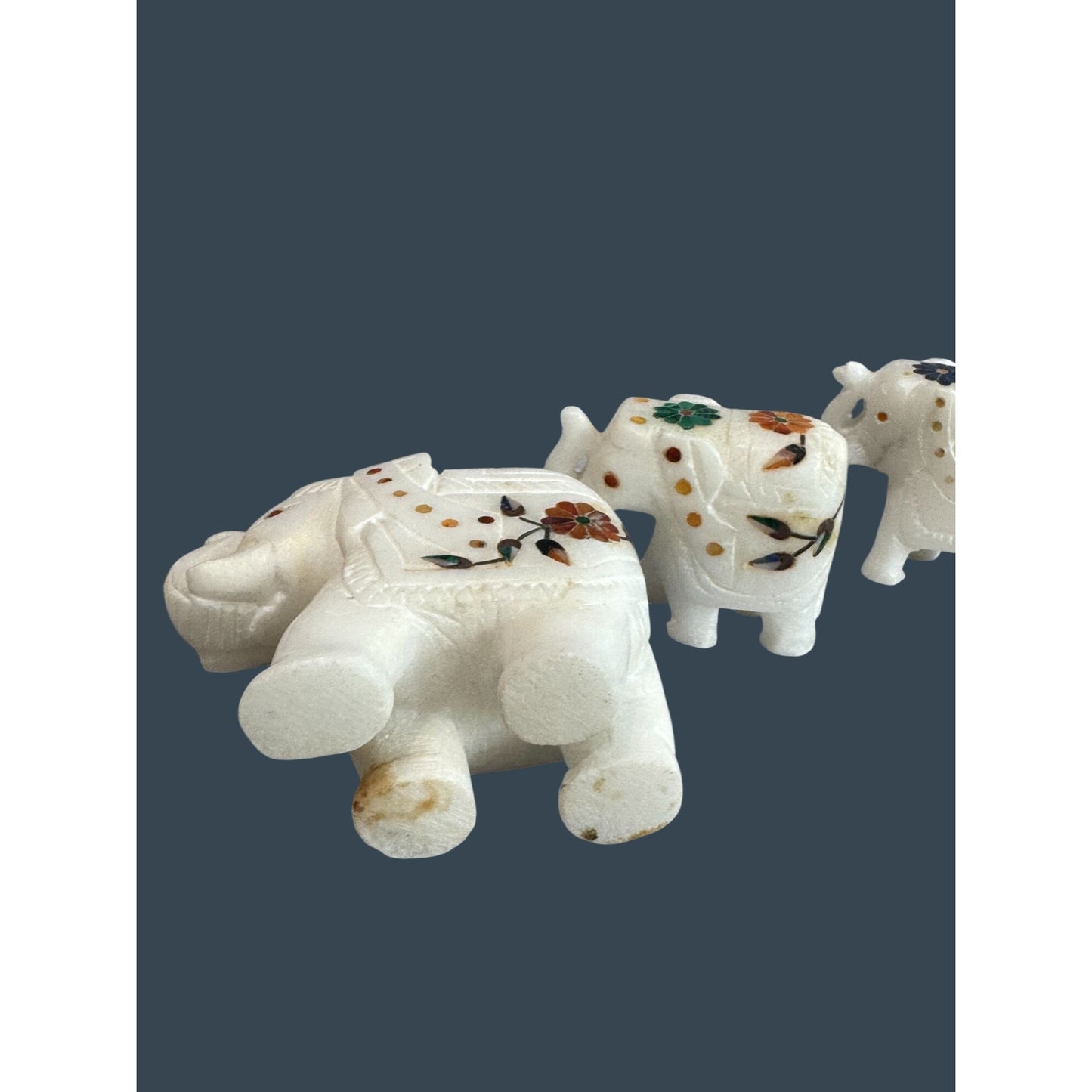 Marble Elephant Figurine Set With Floral Inlay Design
