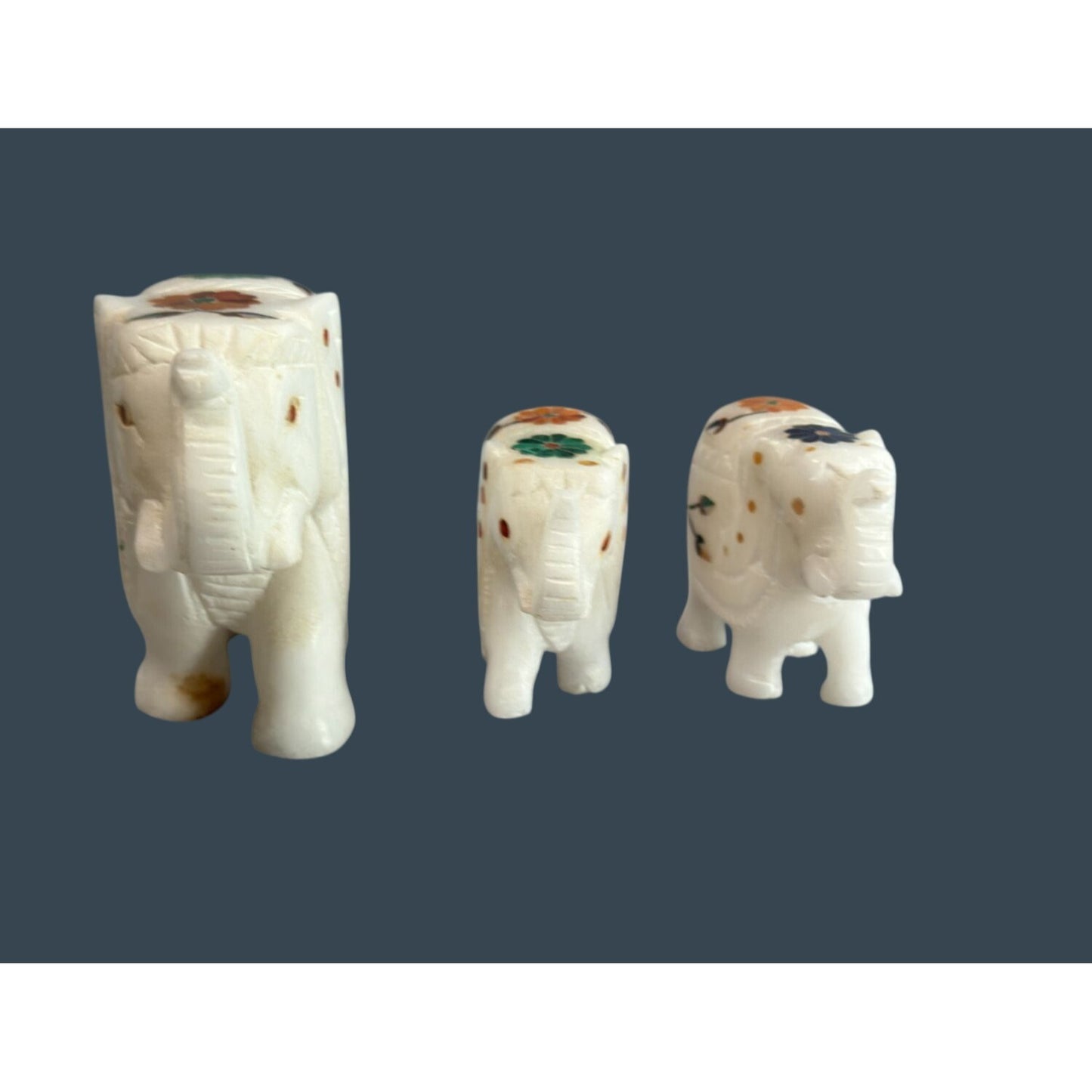 Marble Elephant Figurine Set With Floral Inlay Design