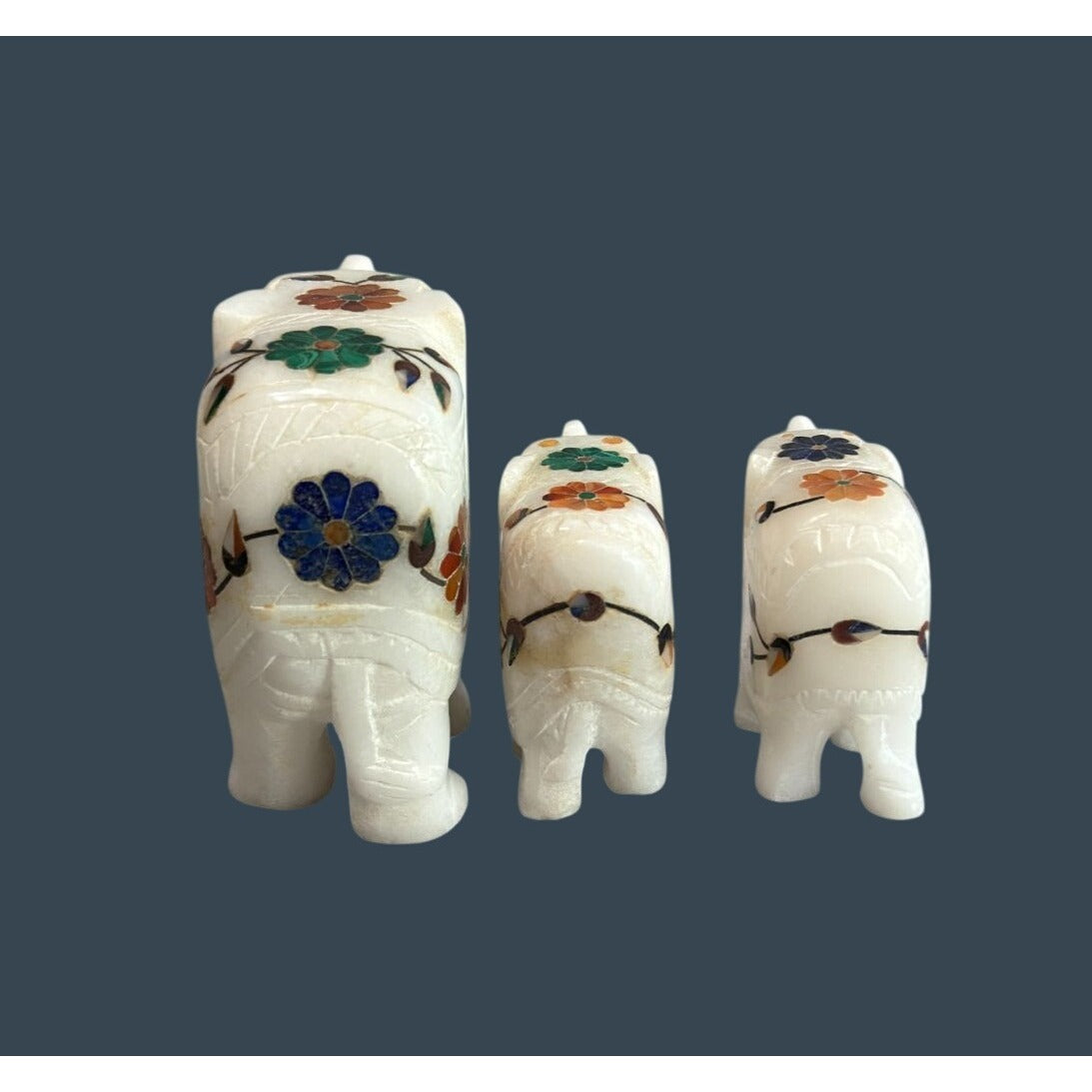 Marble Elephant Figurine Set With Floral Inlay Design