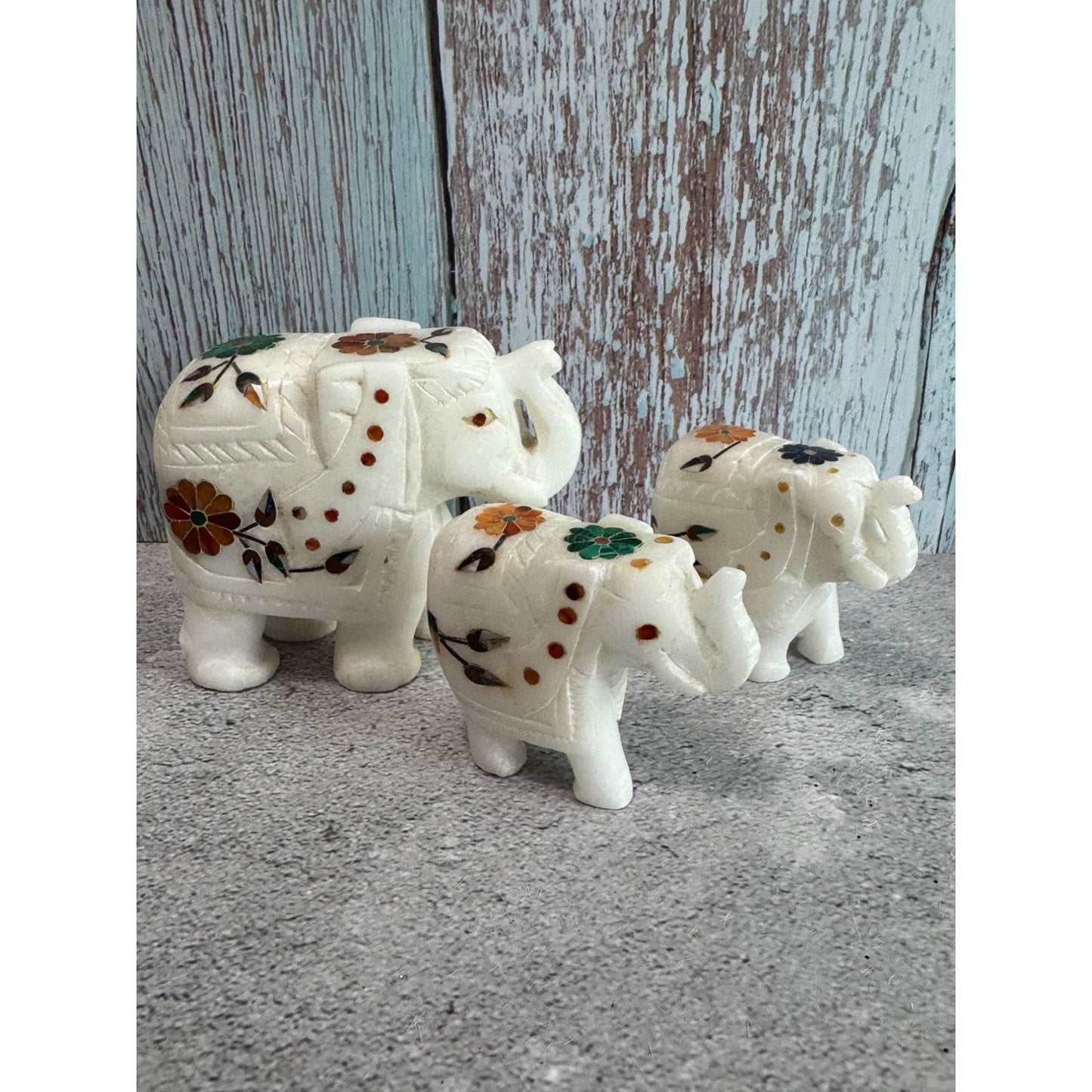 Marble Elephant Figurine Set With Floral Inlay Design