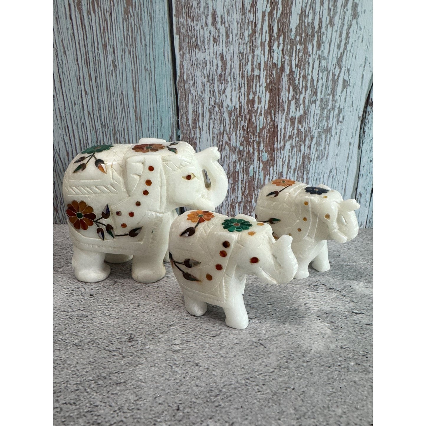 Marble Elephant Figurine Set With Floral Inlay Design