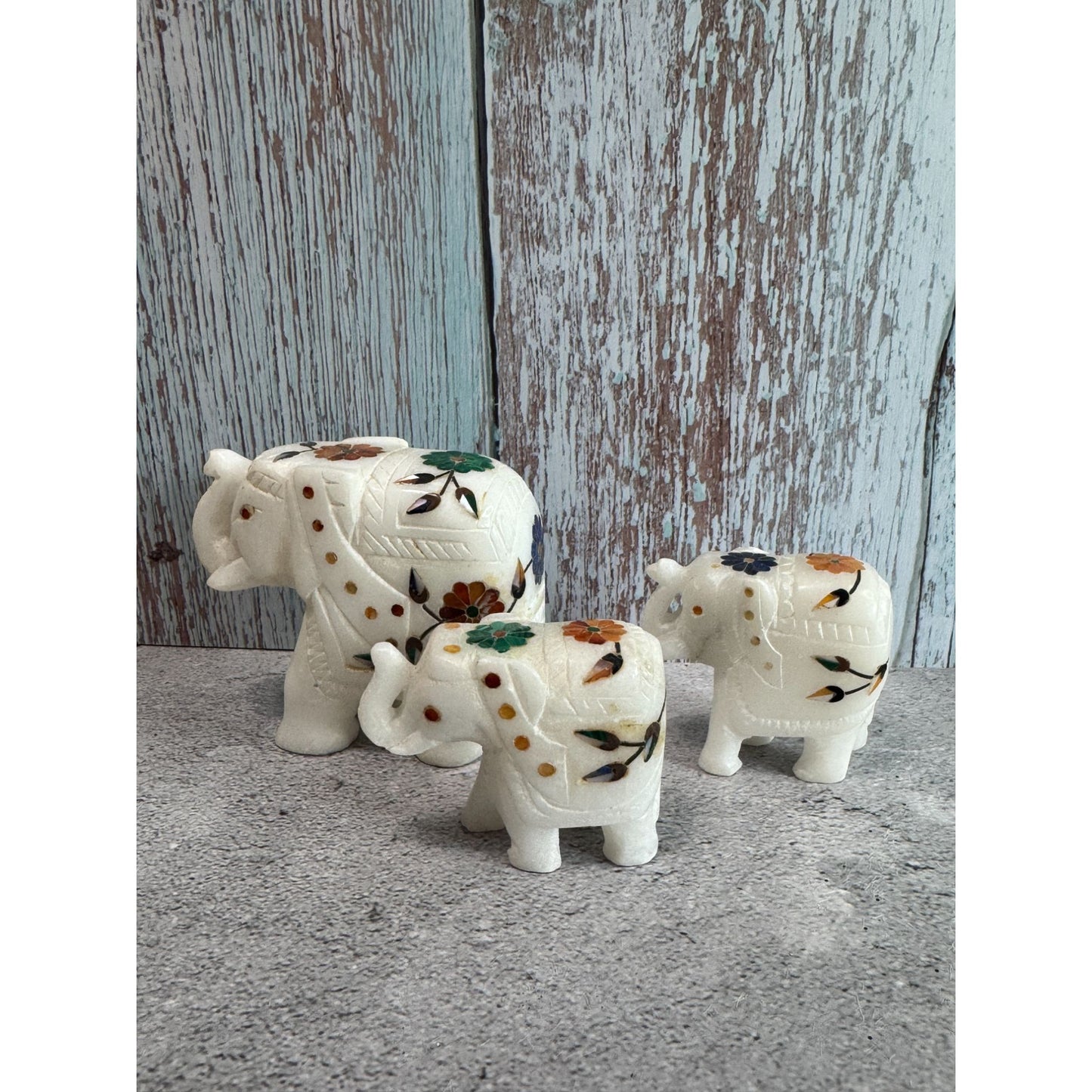 Marble Elephant Figurine Set With Floral Inlay Design