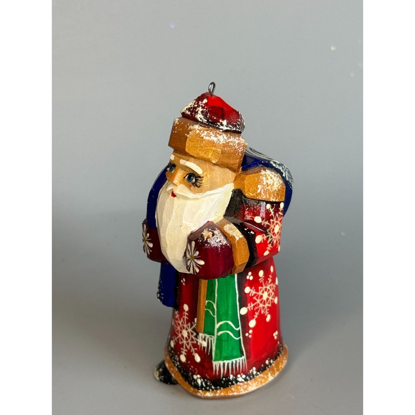 Mini Russian Ded Moroz Santa Ornament Hand Painted Wood Signed 3"