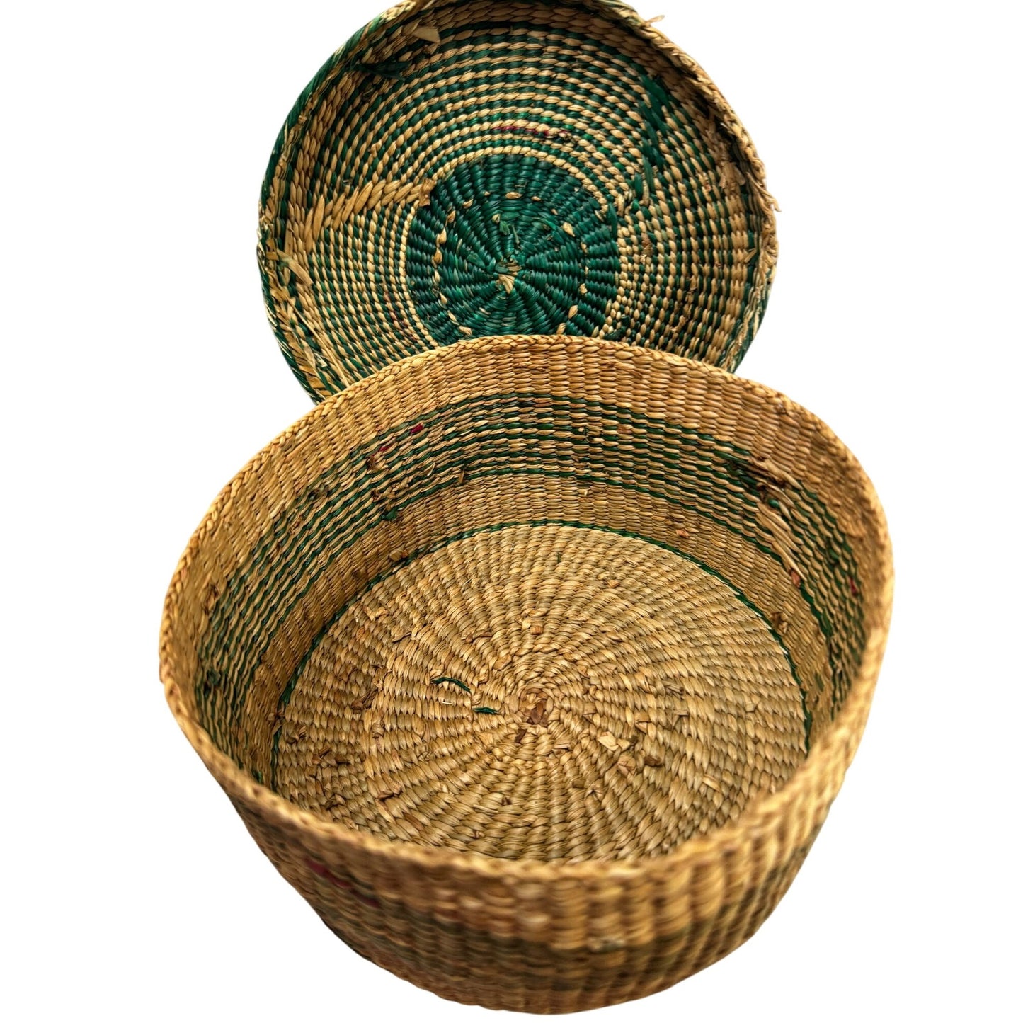 Vintage Native American Sweetgrass Woven Basket With Lid 6.5" Diameter 3.25" Height Natural & Green Tones