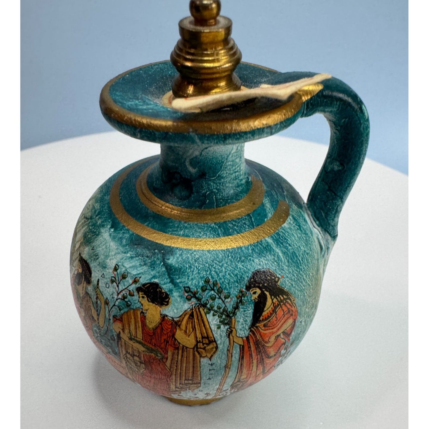 Vintage Greek Perfume Bottle With Gold Trim And Mythological Figures 4"