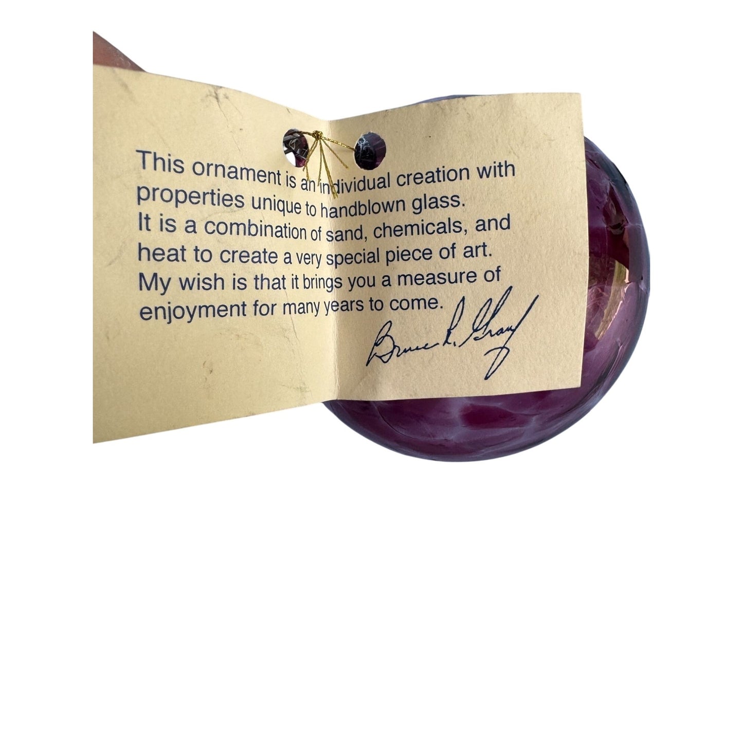 Handblown Spirit Ball Signed By Bruce Grauf 3.5" Purple Glass Ornament Made In USA