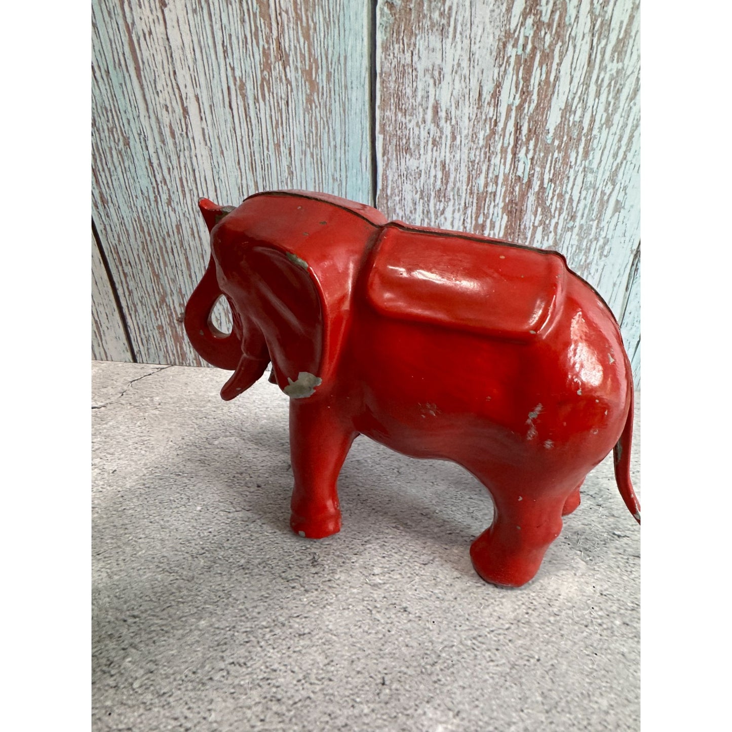 Antique Red Elephant Aluminum Push Tail Bank 7" X 5" Decorative Collectible