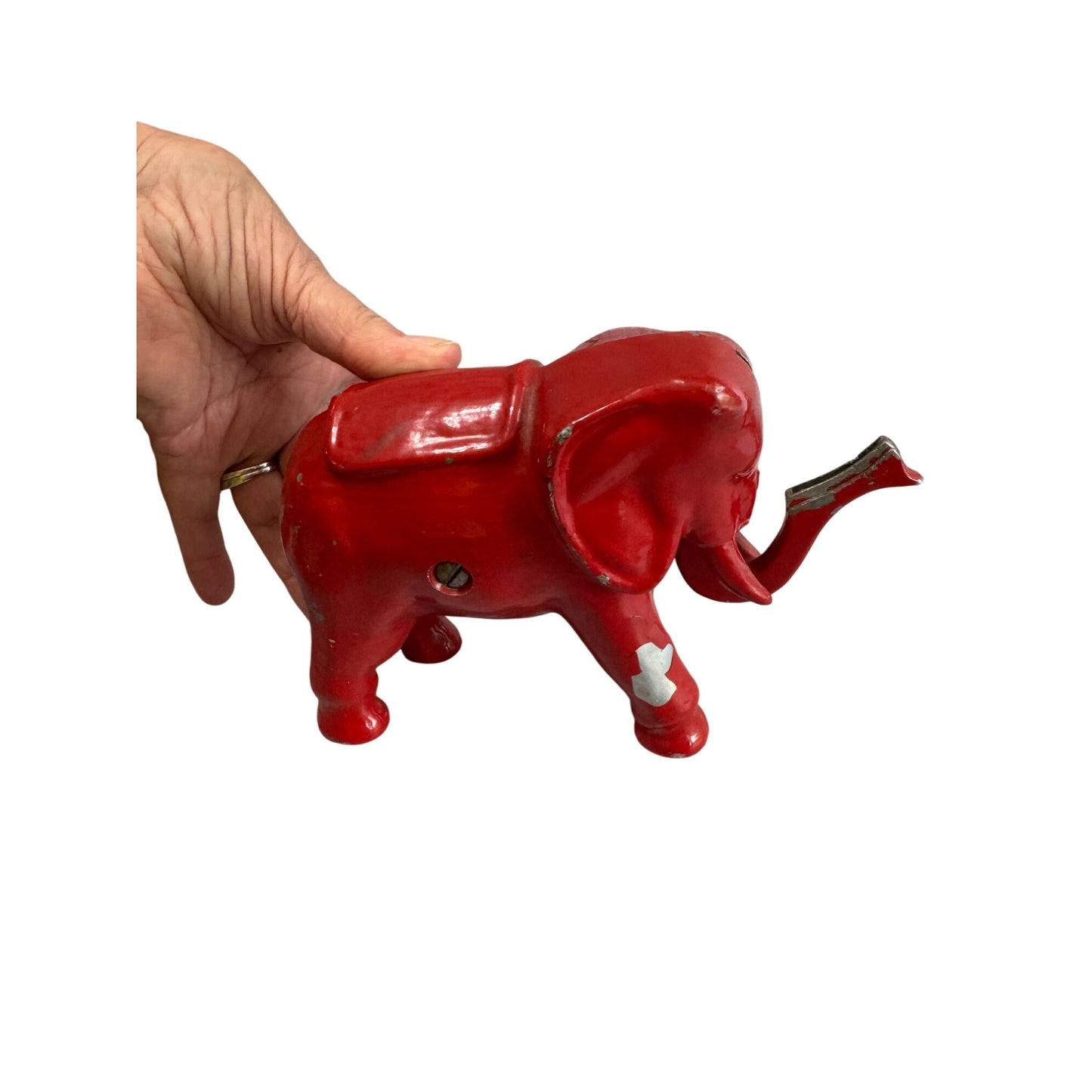 Antique Red Elephant Aluminum Push Tail Bank 7" X 5" Decorative Collectible