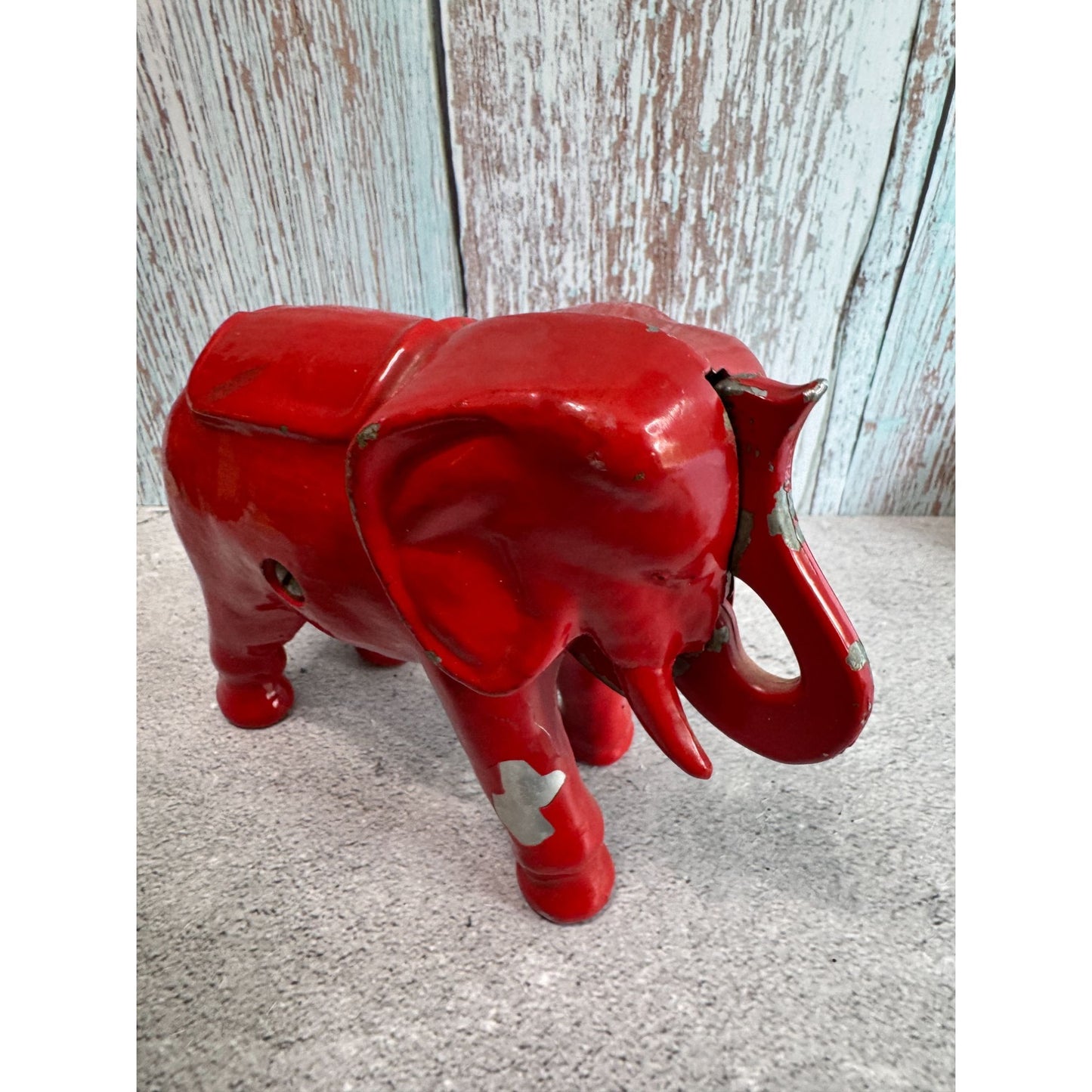 Antique Red Elephant Aluminum Push Tail Bank 7" X 5" Decorative Collectible
