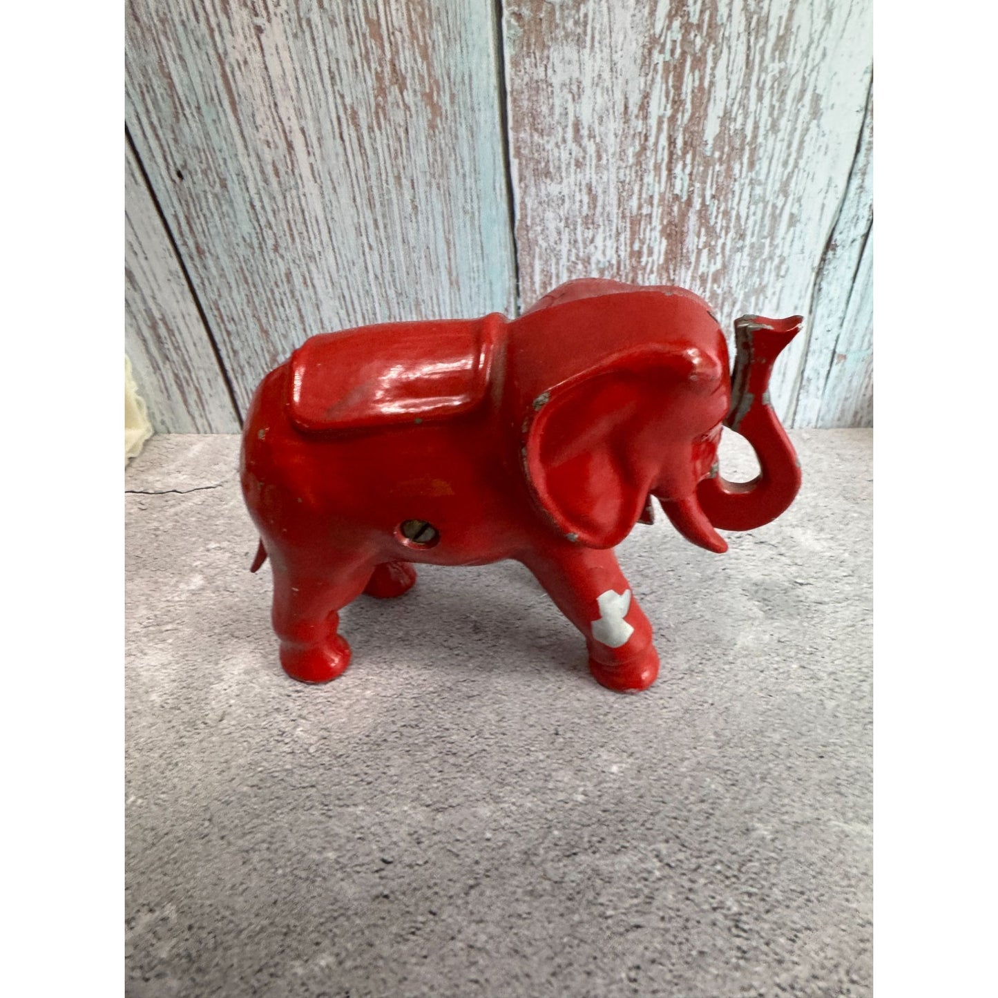 Antique Red Elephant Aluminum Push Tail Bank 7" X 5" Decorative Collectible