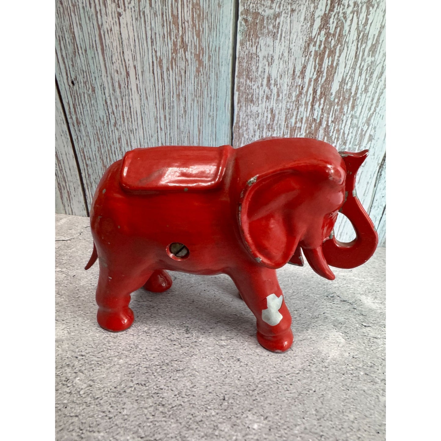 Antique Red Elephant Aluminum Push Tail Bank 7" X 5" Decorative Collectible