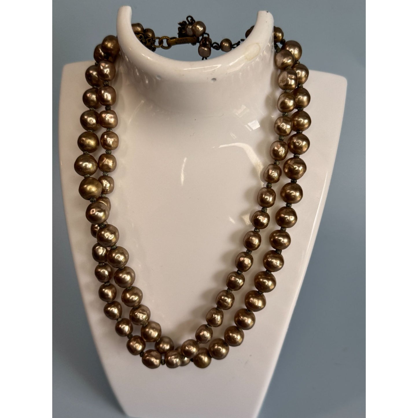 Vintage Miriam Haskell Signed Champagne Pearl Double-Strand Necklace 14-16" Rare
