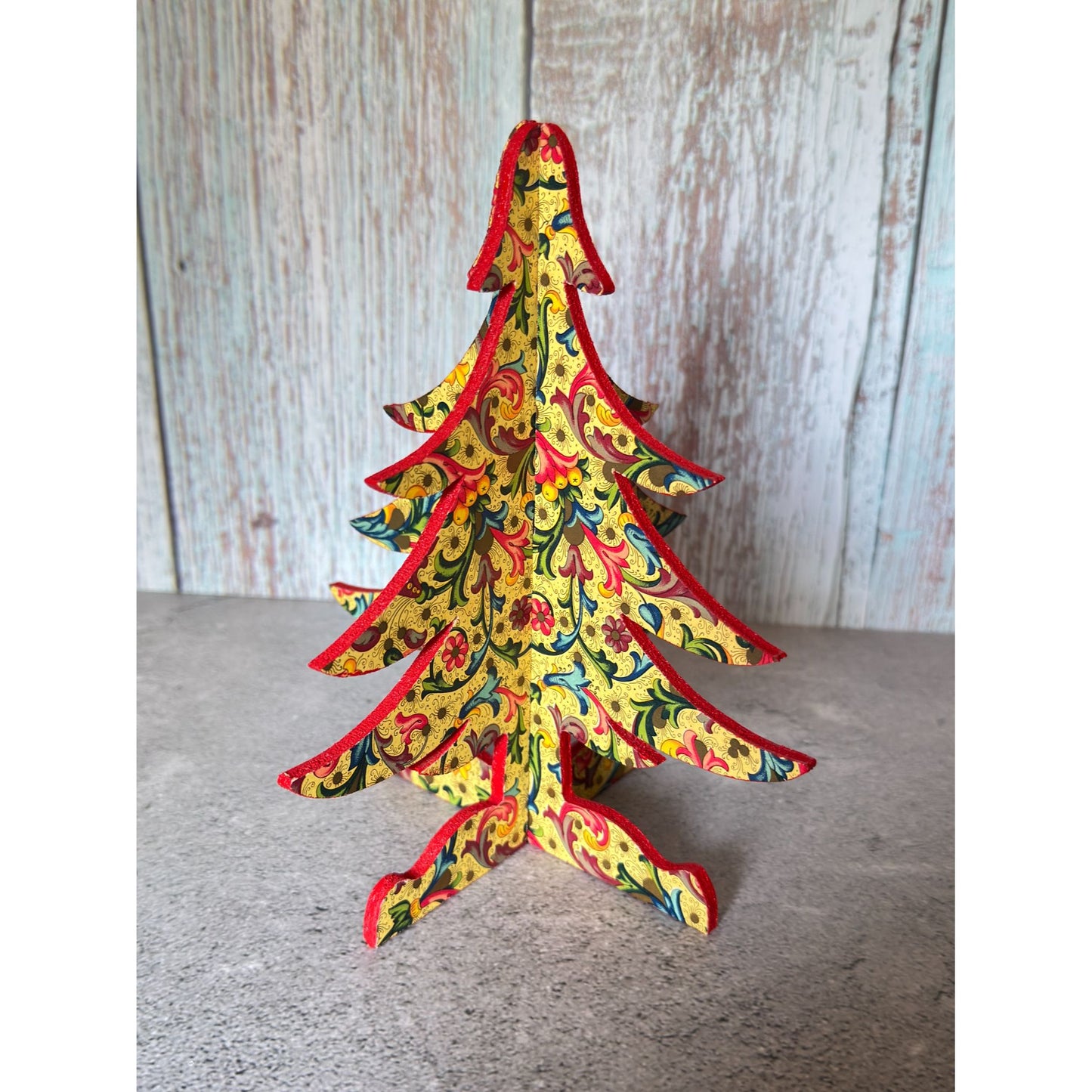 Handcrafted Wooden Christmas Tree Vibrant Red & Gold Baroque Design 7" 2pc