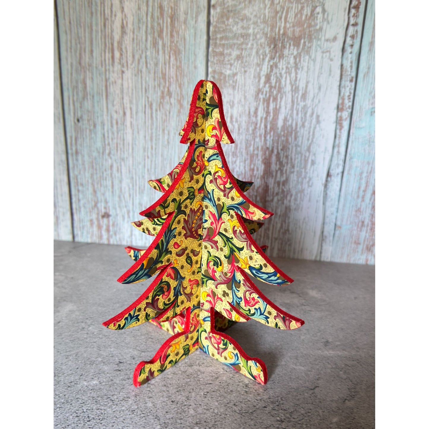 Handcrafted Wooden Christmas Tree Vibrant Red & Gold Baroque Design 7" 2pc