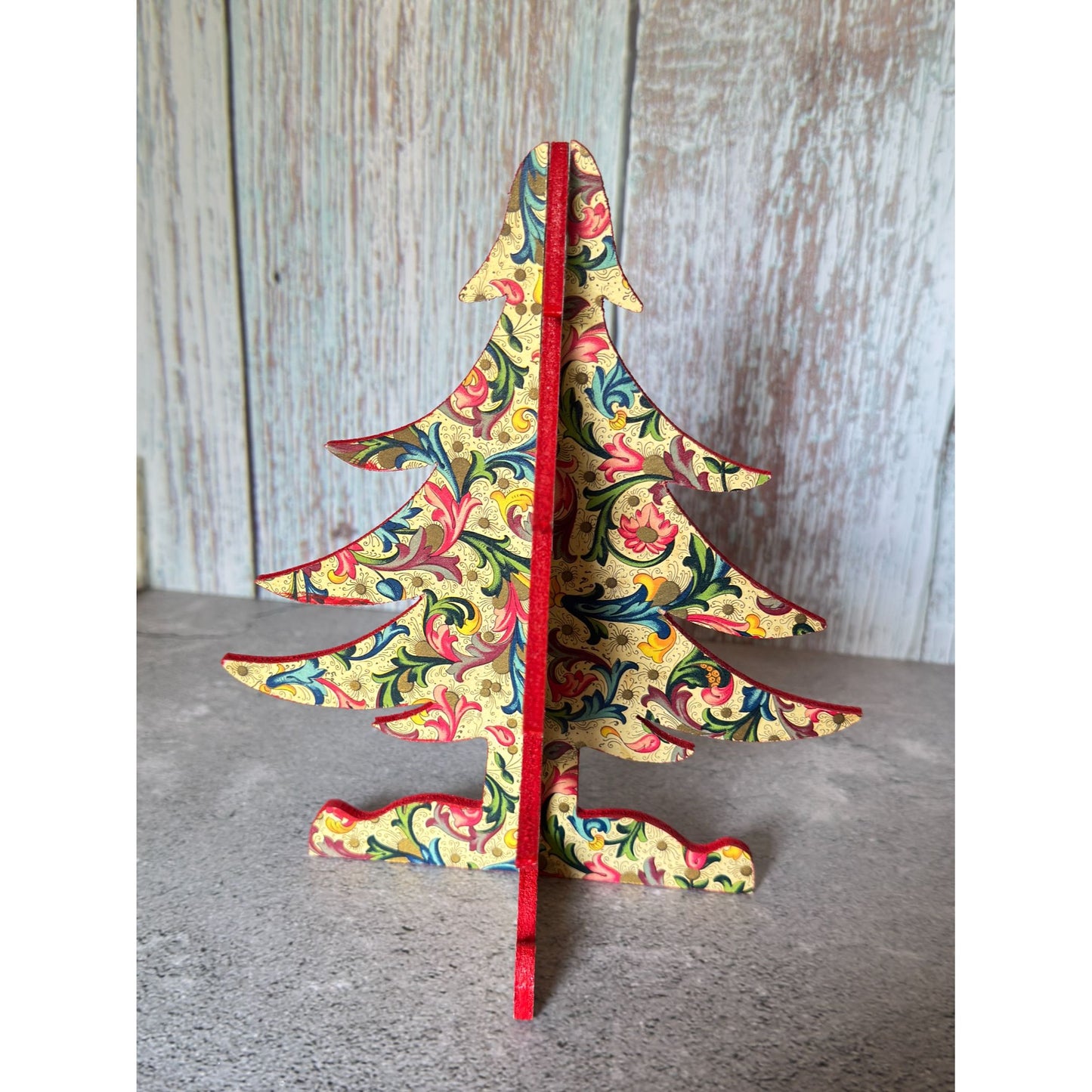Handcrafted Wooden Christmas Tree Vibrant Red & Gold Baroque Design 7" 2pc