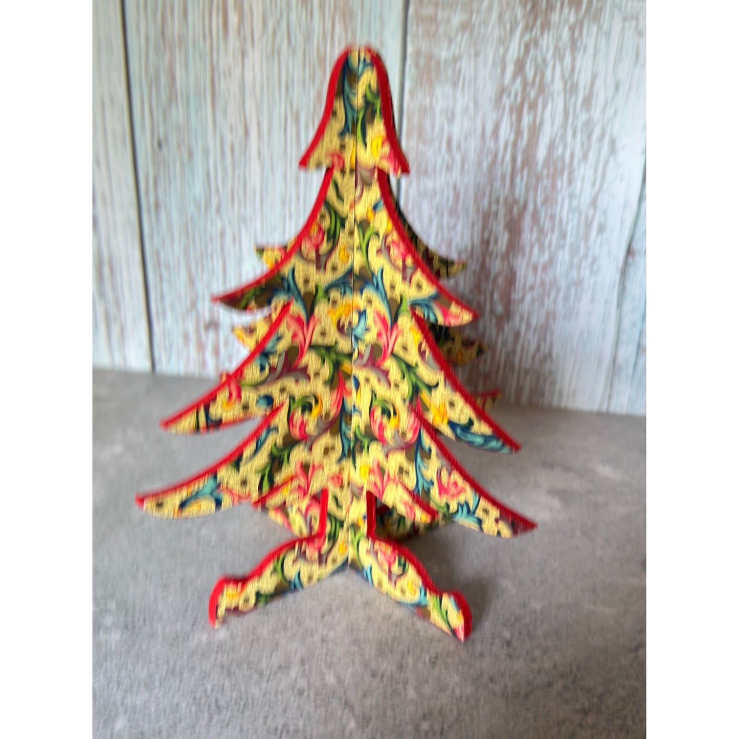 Handcrafted Wooden Christmas Tree Vibrant Red & Gold Baroque Design 7" 2pc