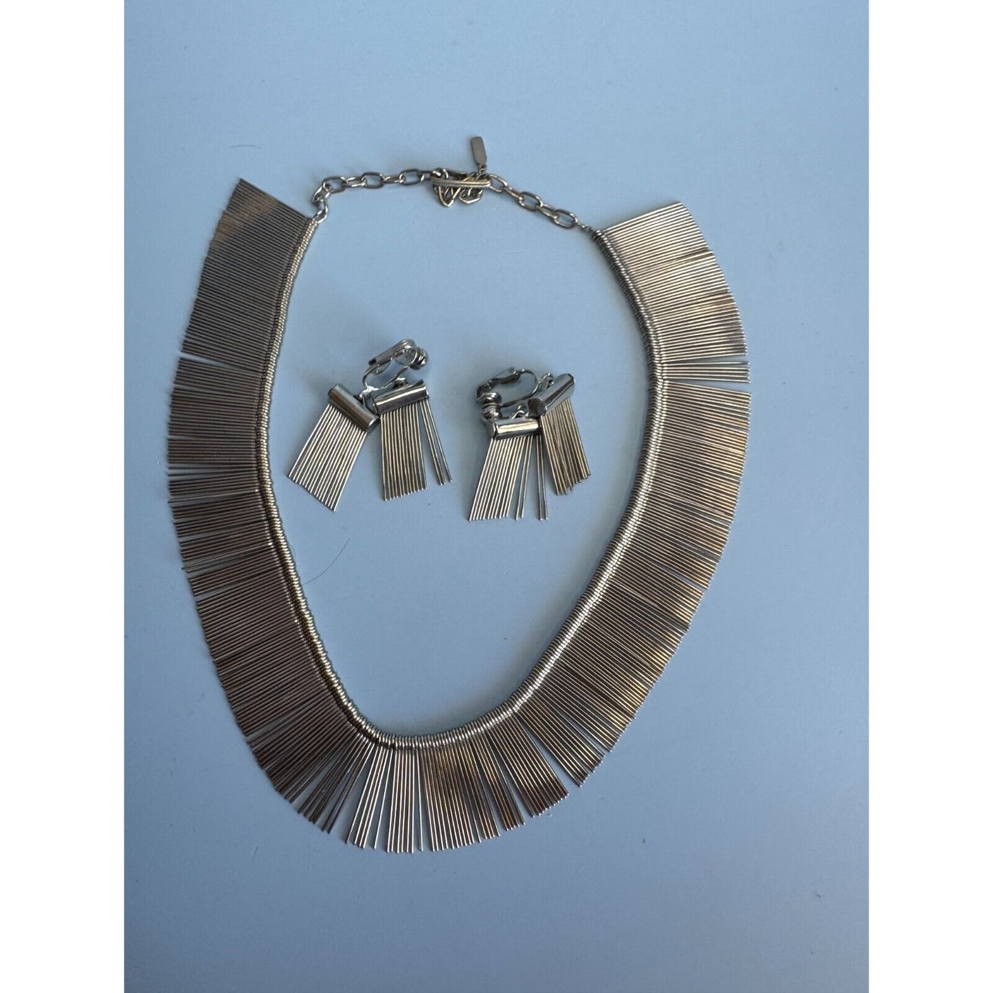Vintage Silverplate Modernistic Fringe Necklace and Matching Clip Earrings C1970