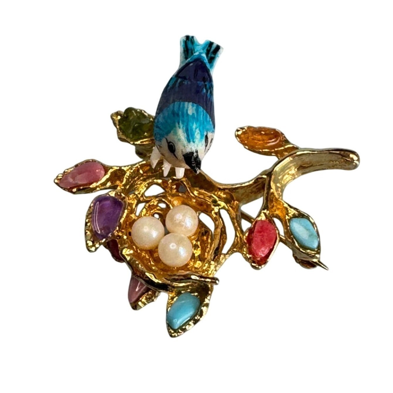 Vintage Swoboda Signed Bird Brooch Real Pearl Eggs Gemstones House Jewels Hawaii