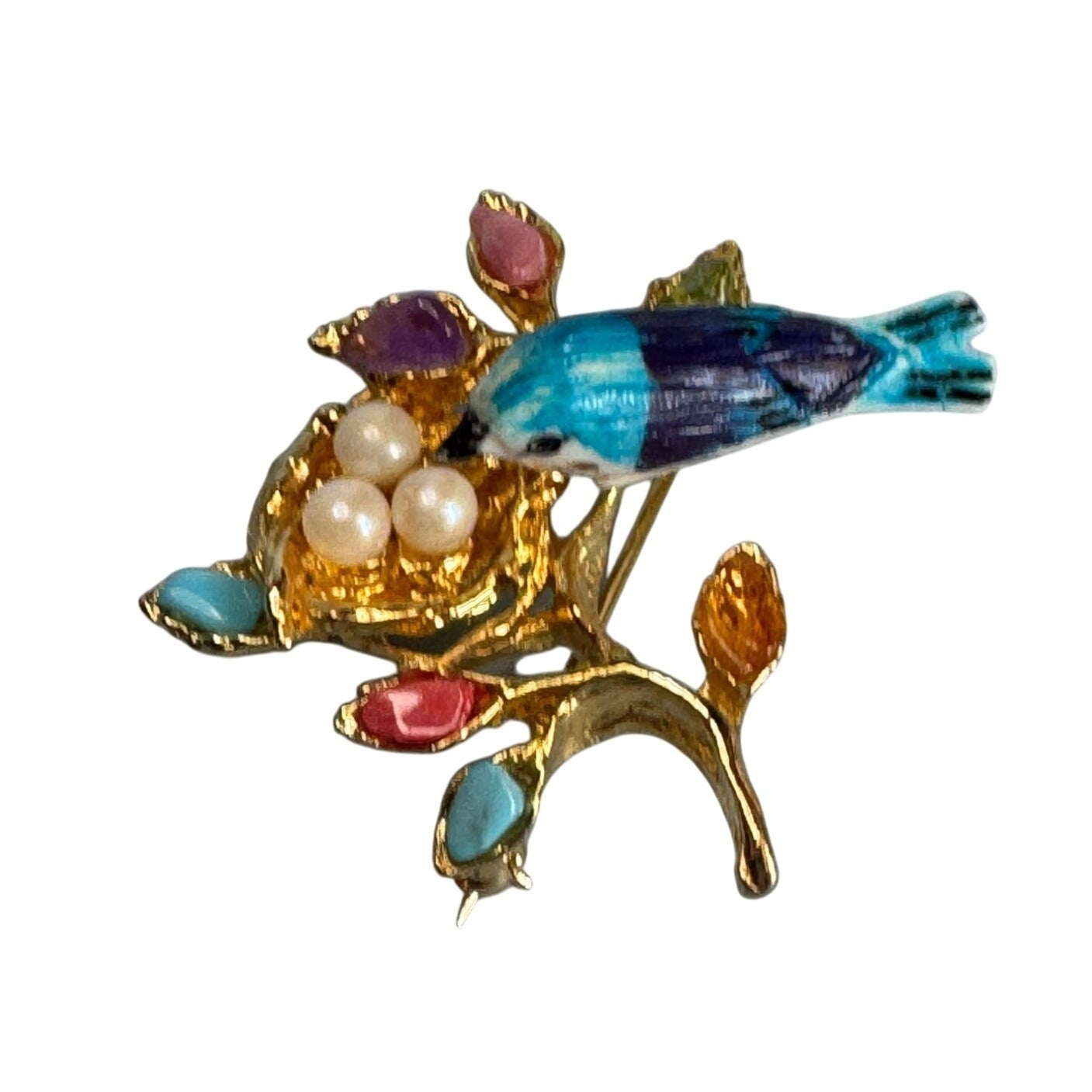 Vintage Swoboda Signed Bird Brooch Real Pearl Eggs Gemstones House Jewels Hawaii