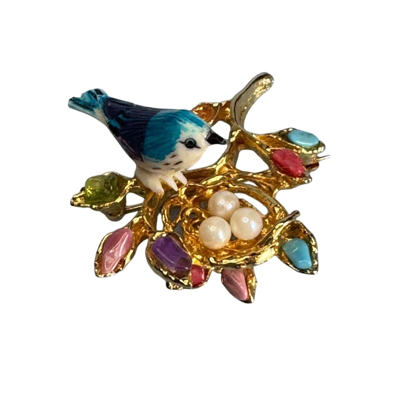 Vintage Swoboda Signed Bird Brooch Real Pearl Eggs Gemstones House Jewels Hawaii