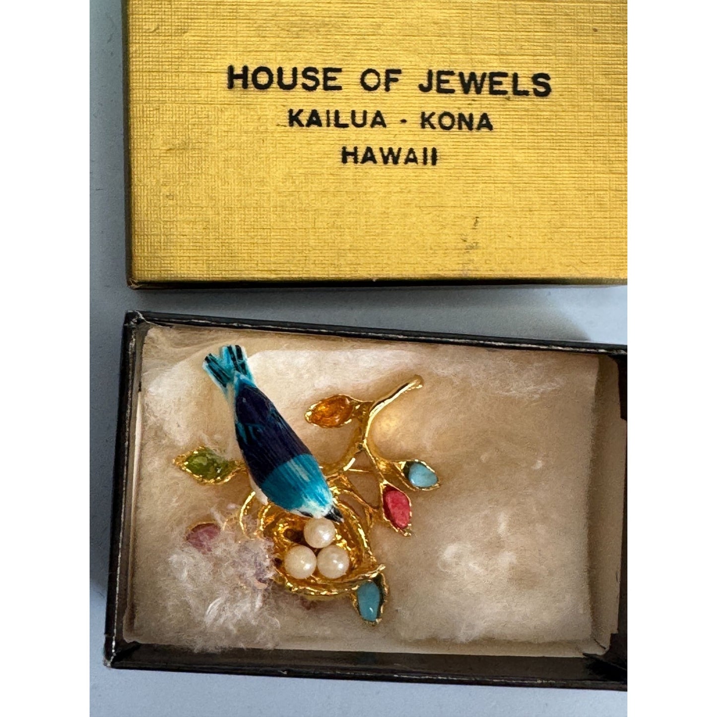 Vintage Swoboda Signed Bird Brooch Real Pearl Eggs Gemstones House Jewels Hawaii