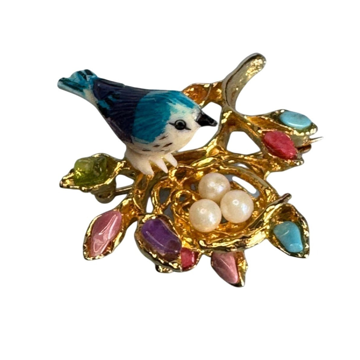 Vintage Swoboda Signed Bird Brooch Real Pearl Eggs Gemstones House Jewels Hawaii