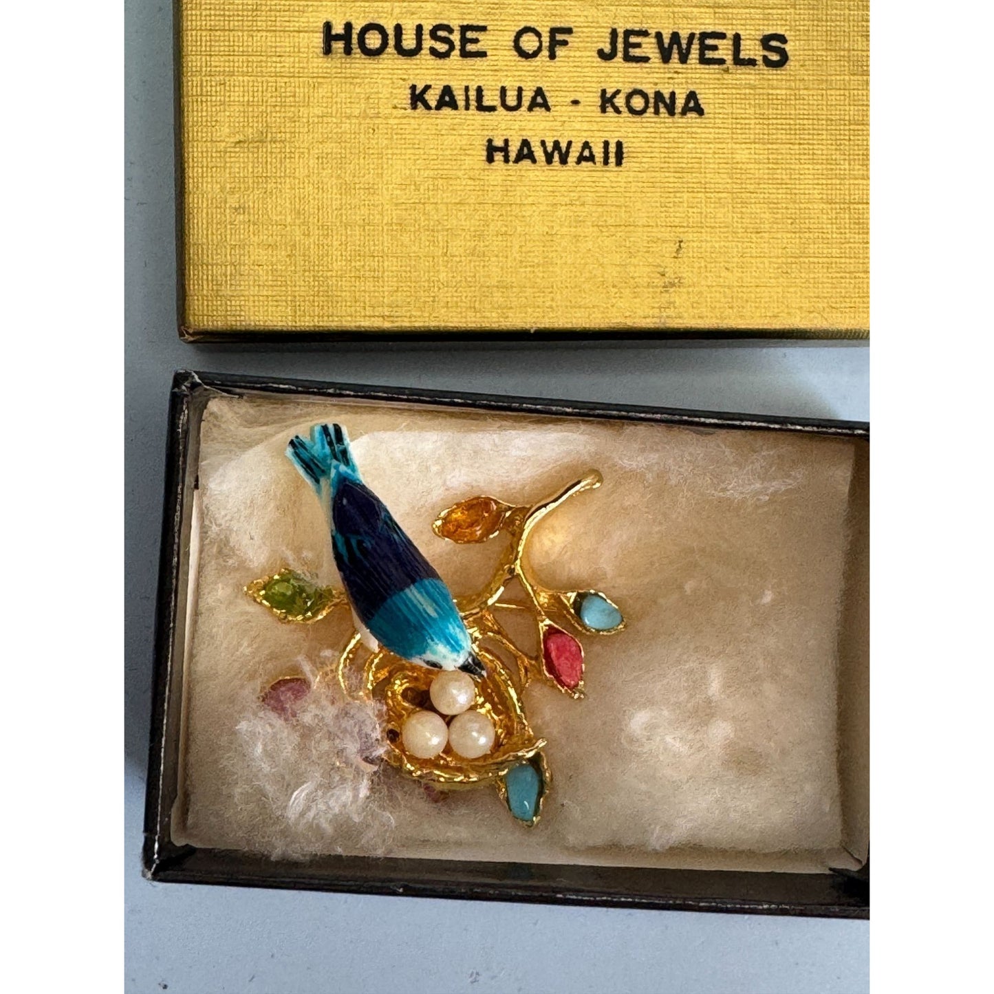 Vintage Swoboda Signed Bird Brooch Real Pearl Eggs Gemstones House Jewels Hawaii