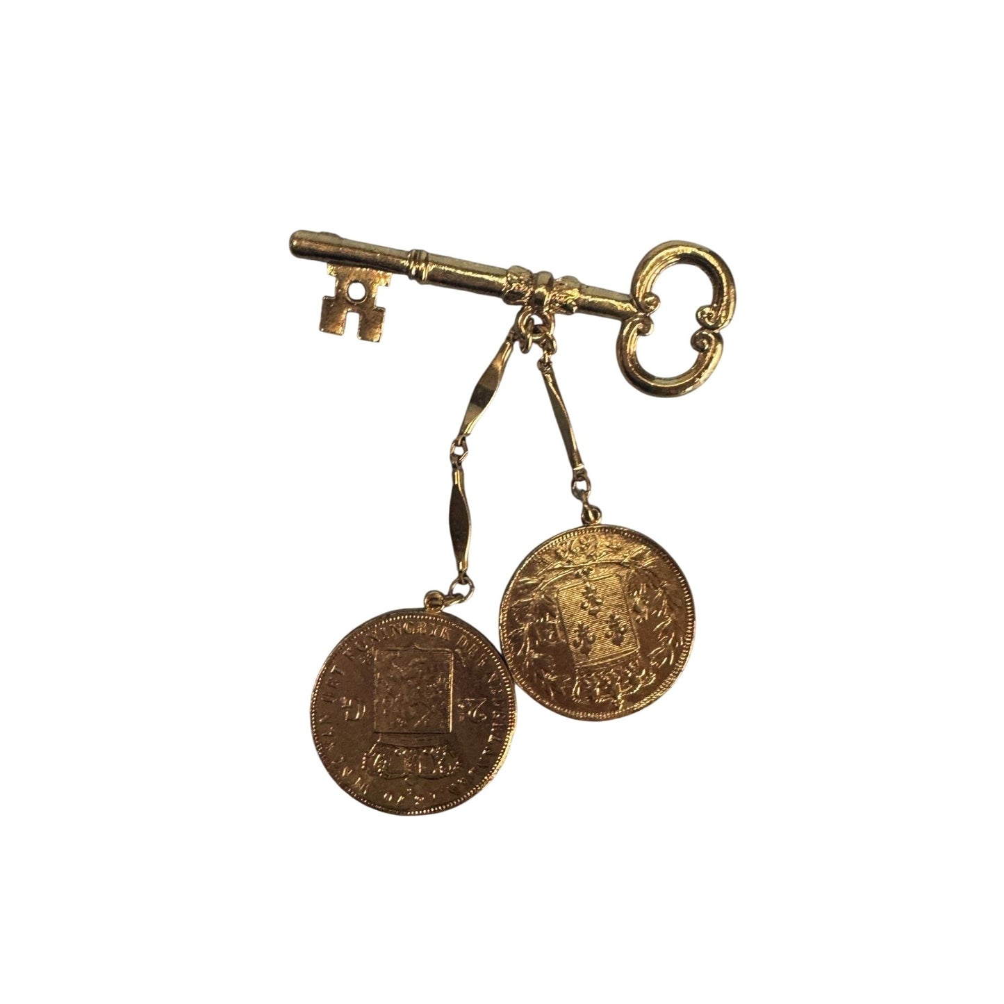 Vintage Gold-Toned Key Brooch With Dangling Coin Charms Intricate Details Retro
