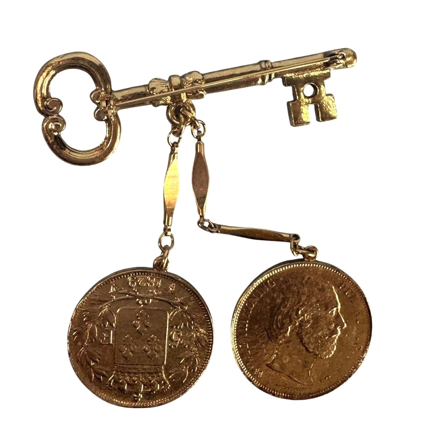 Vintage Gold-Toned Key Brooch With Dangling Coin Charms Intricate Details Retro