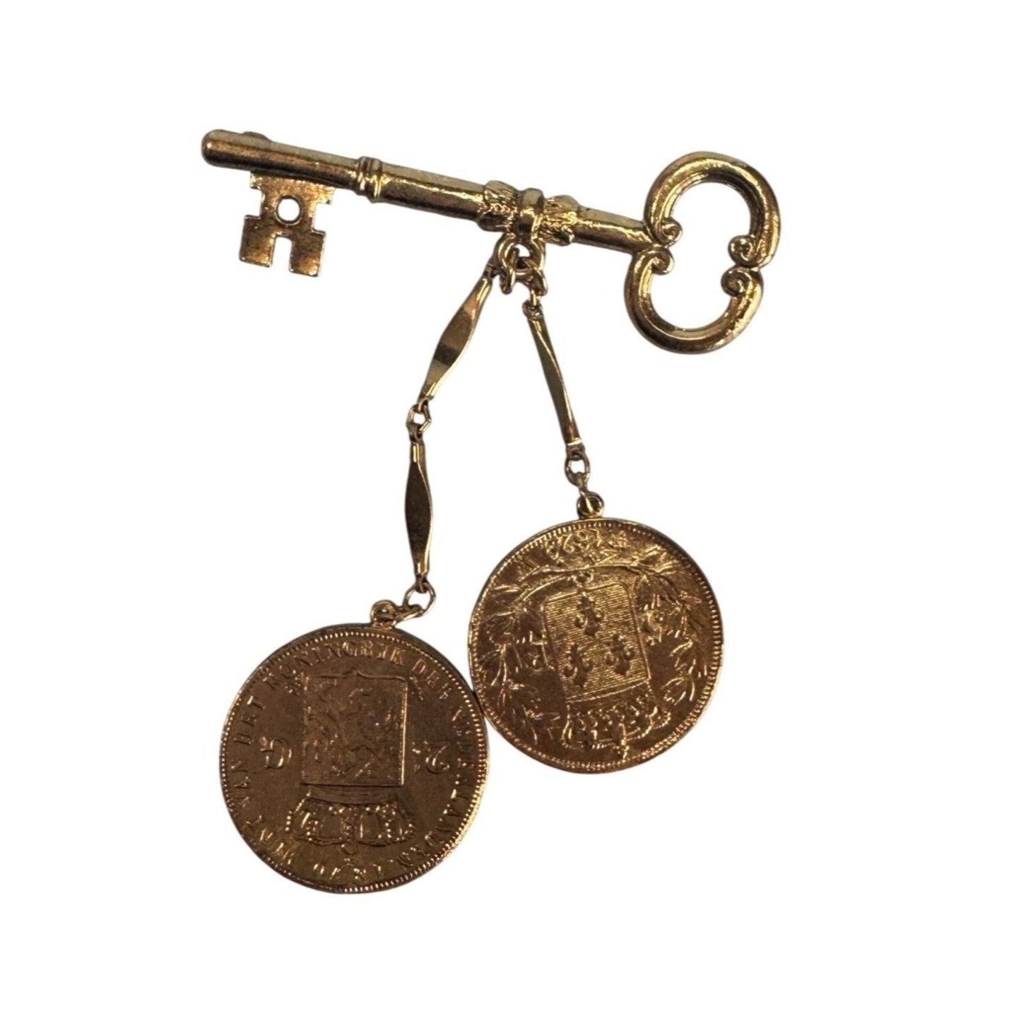 Vintage Gold-Toned Key Brooch With Dangling Coin Charms Intricate Details Retro