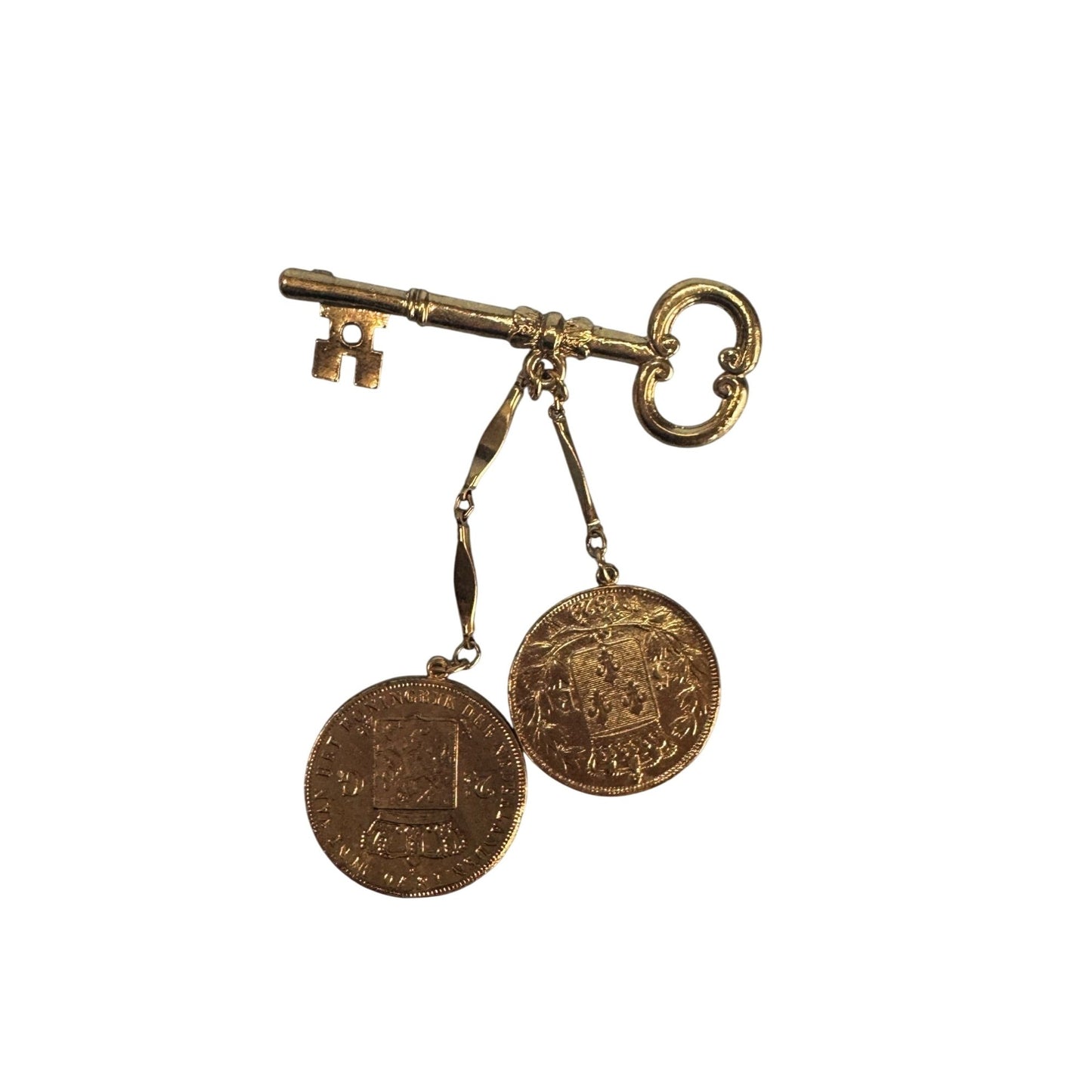 Vintage Gold-Toned Key Brooch With Dangling Coin Charms Intricate Details Retro