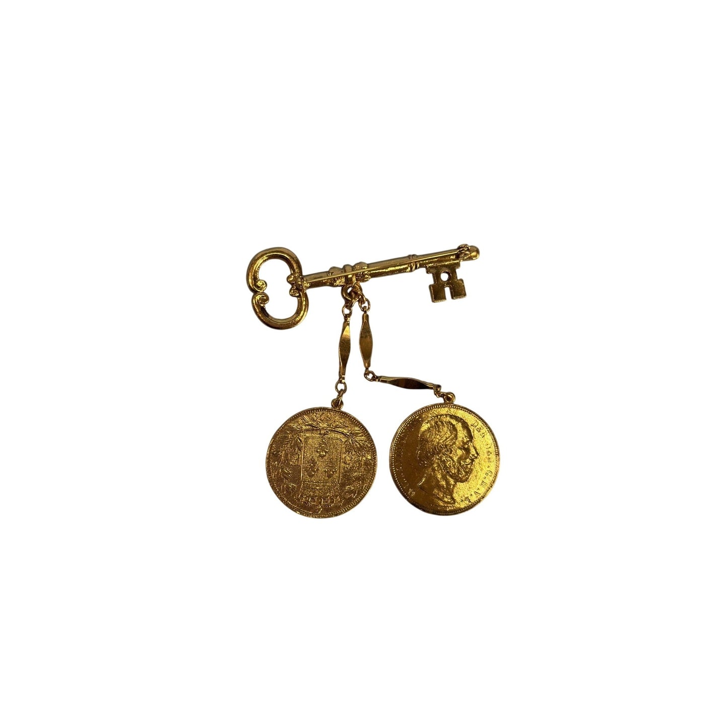 Vintage Gold-Toned Key Brooch With Dangling Coin Charms Intricate Details Retro
