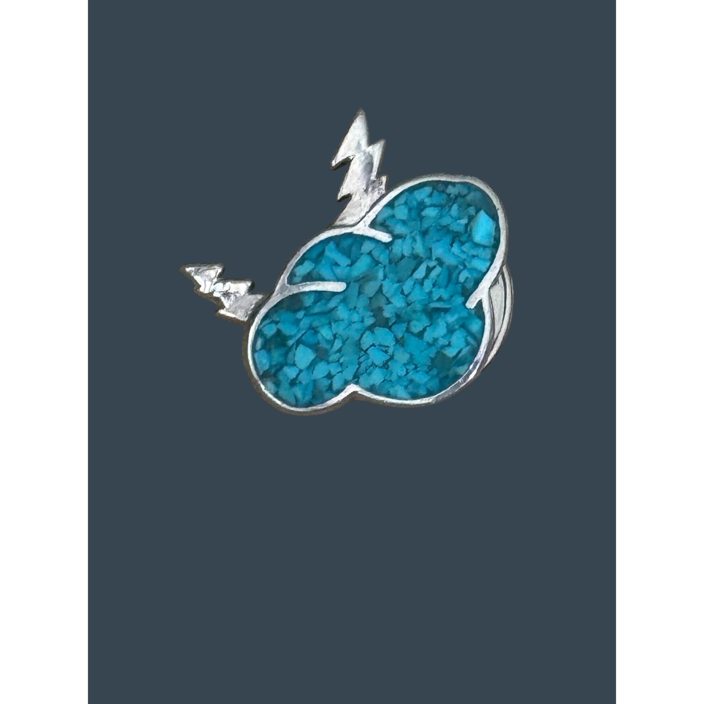 Turquoise Inlay Cloud & Lightning Bolt Silver Lapel Pin