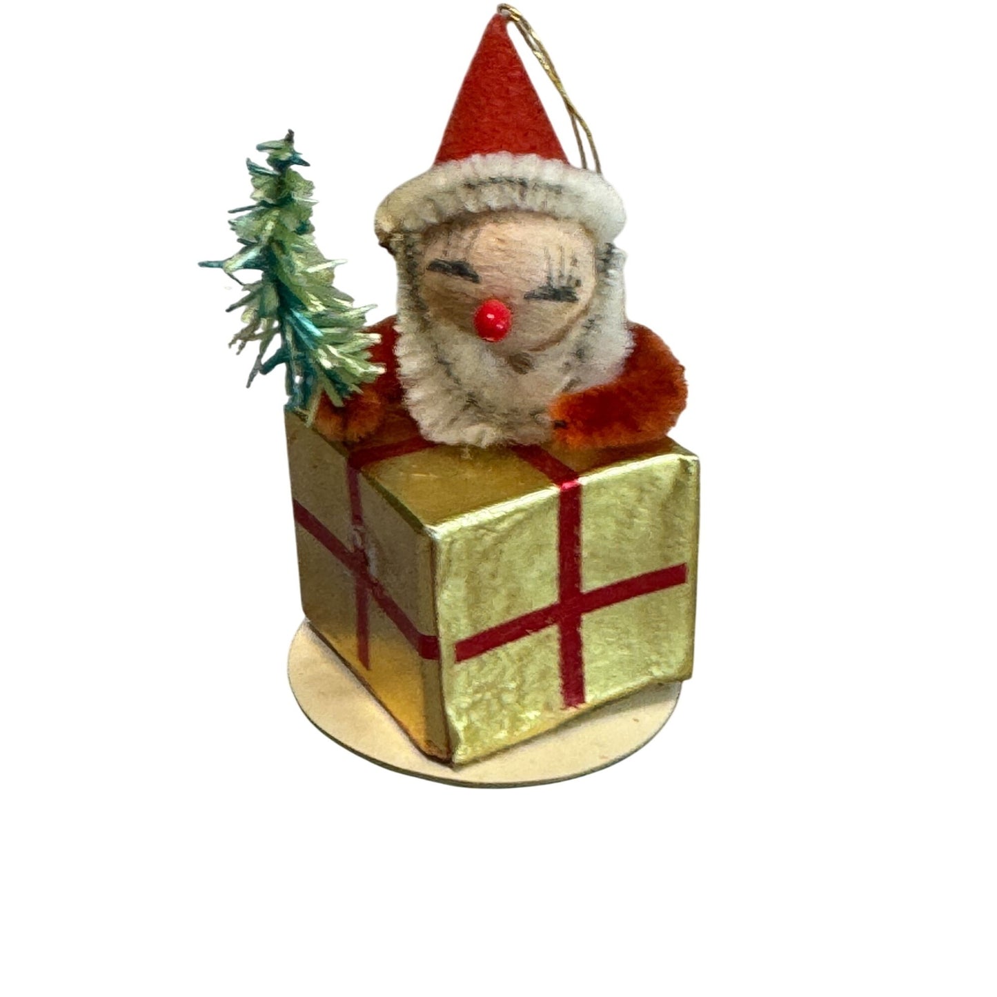 Chenille Pipecleaner Elf on Present Ornament Gold Red 2 1/2 Inches Vintage