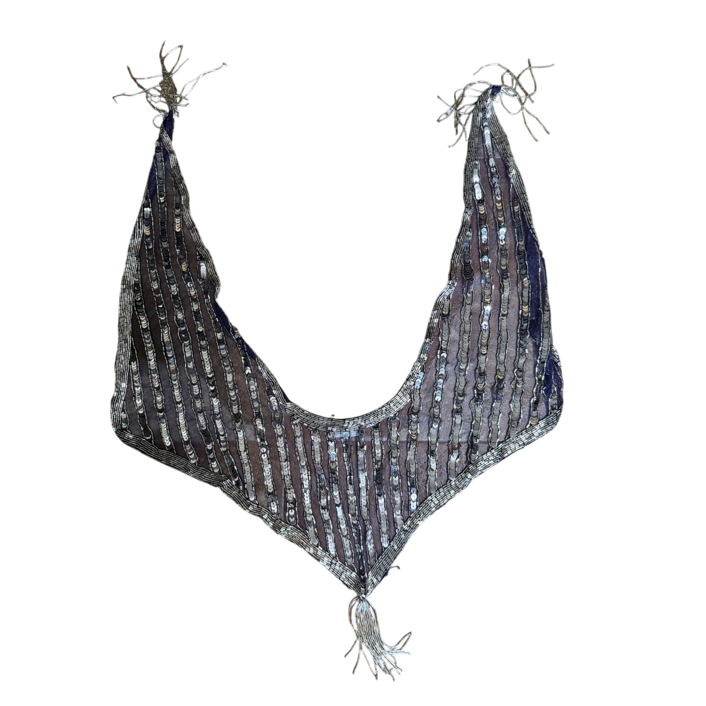 Blue Mesh Silver Sequin Glass Beaded Triangle Shawl Wrap Fringe 23"