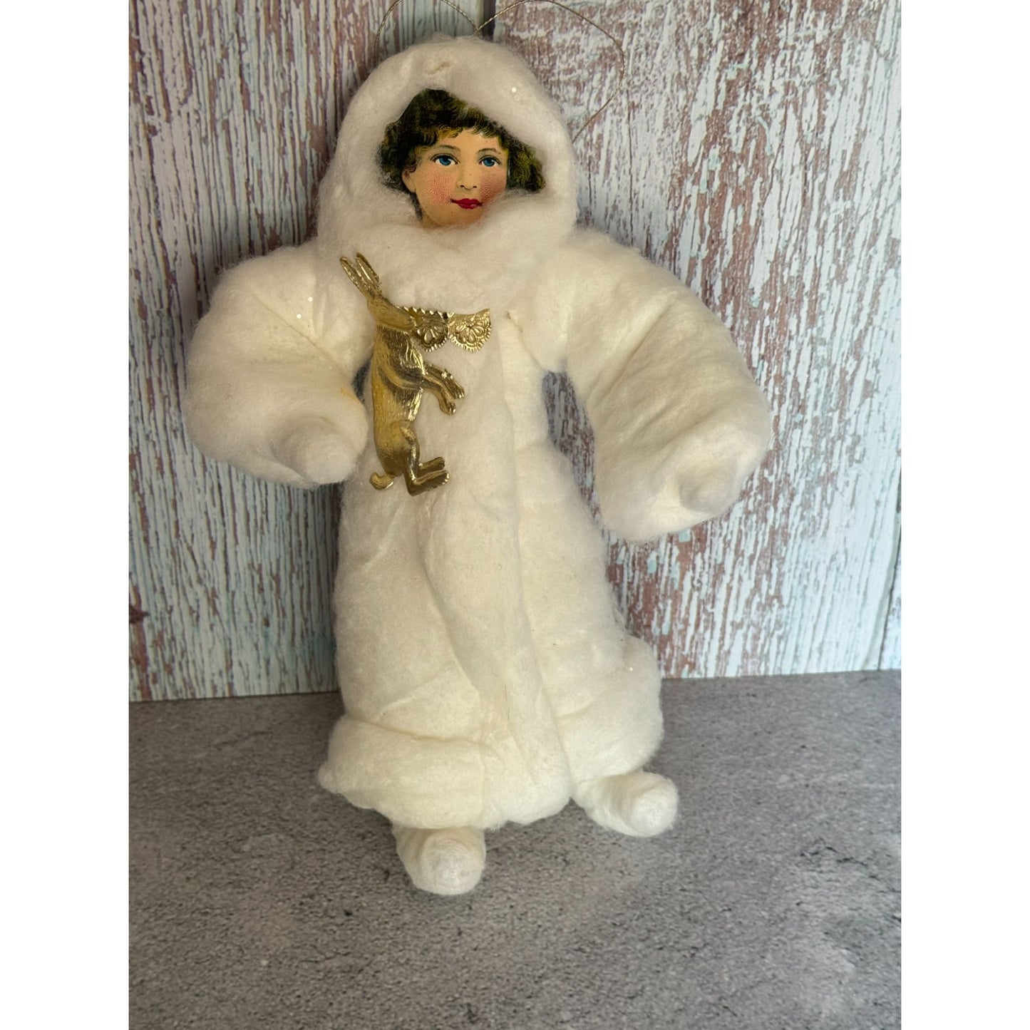 Vintage-Inspired Spun Cotton Girl Ornament With Paper Face & Gold Rabbit Accent 9"