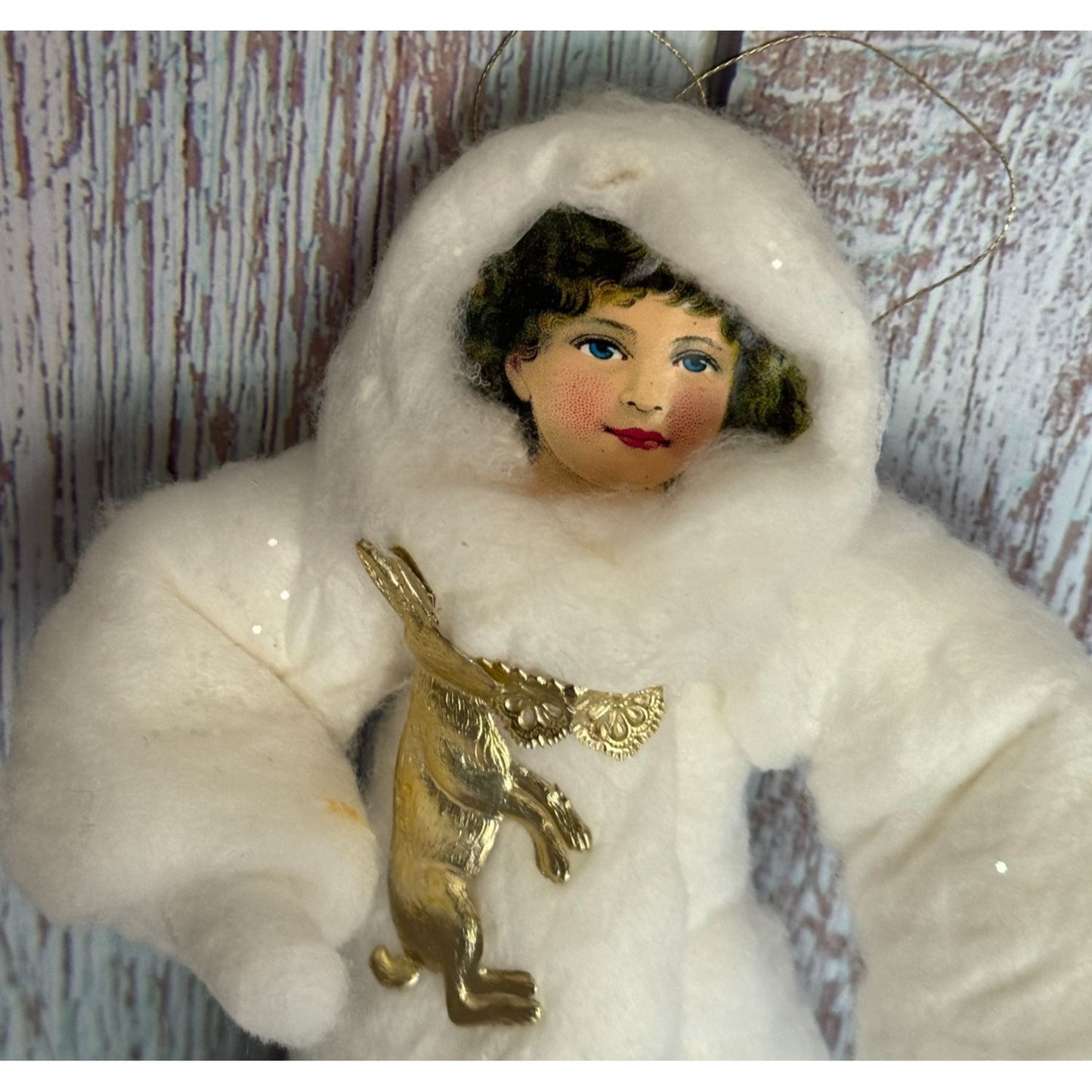 Vintage-Inspired Spun Cotton Girl Ornament With Paper Face & Gold Rabbit Accent 9"