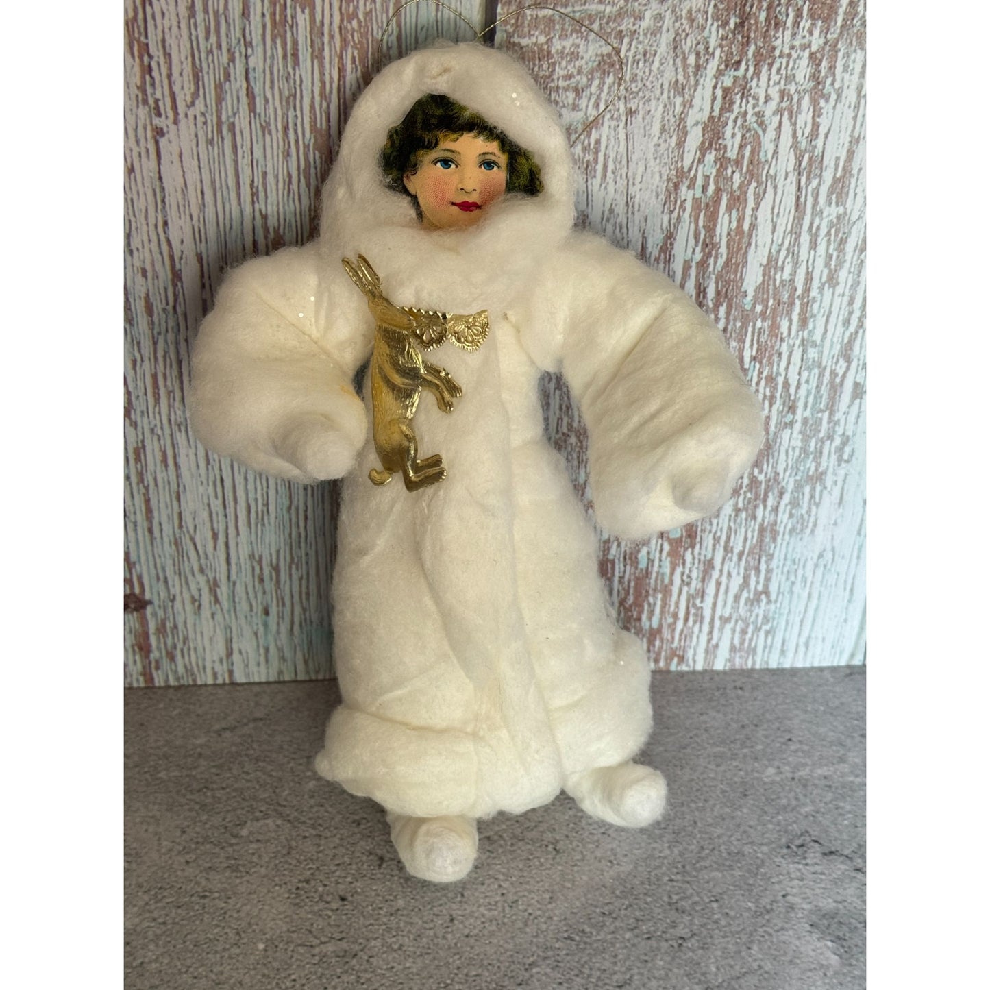 Vintage-Inspired Spun Cotton Girl Ornament With Paper Face & Gold Rabbit Accent 9"