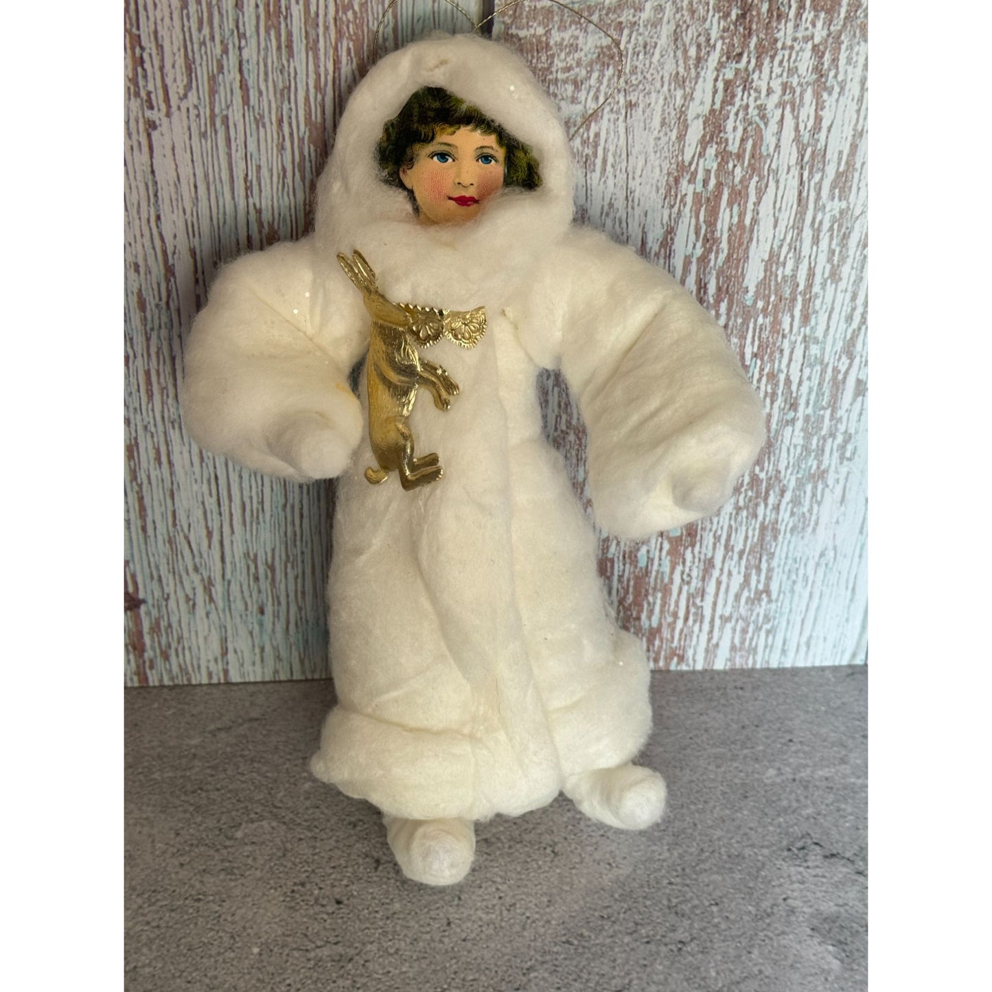 Vintage-Inspired Spun Cotton Girl Ornament With Paper Face & Gold Rabbit Accent 9"