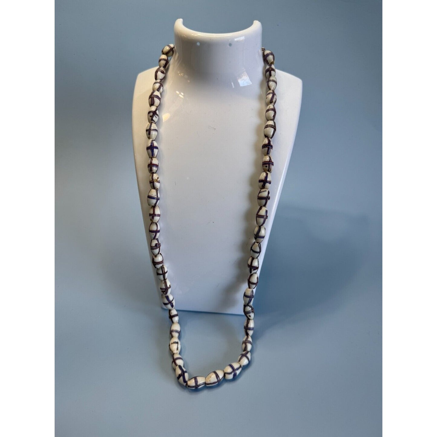 Antique French Cross Red White Blue Venetian Glass African Trade Beads Necklace