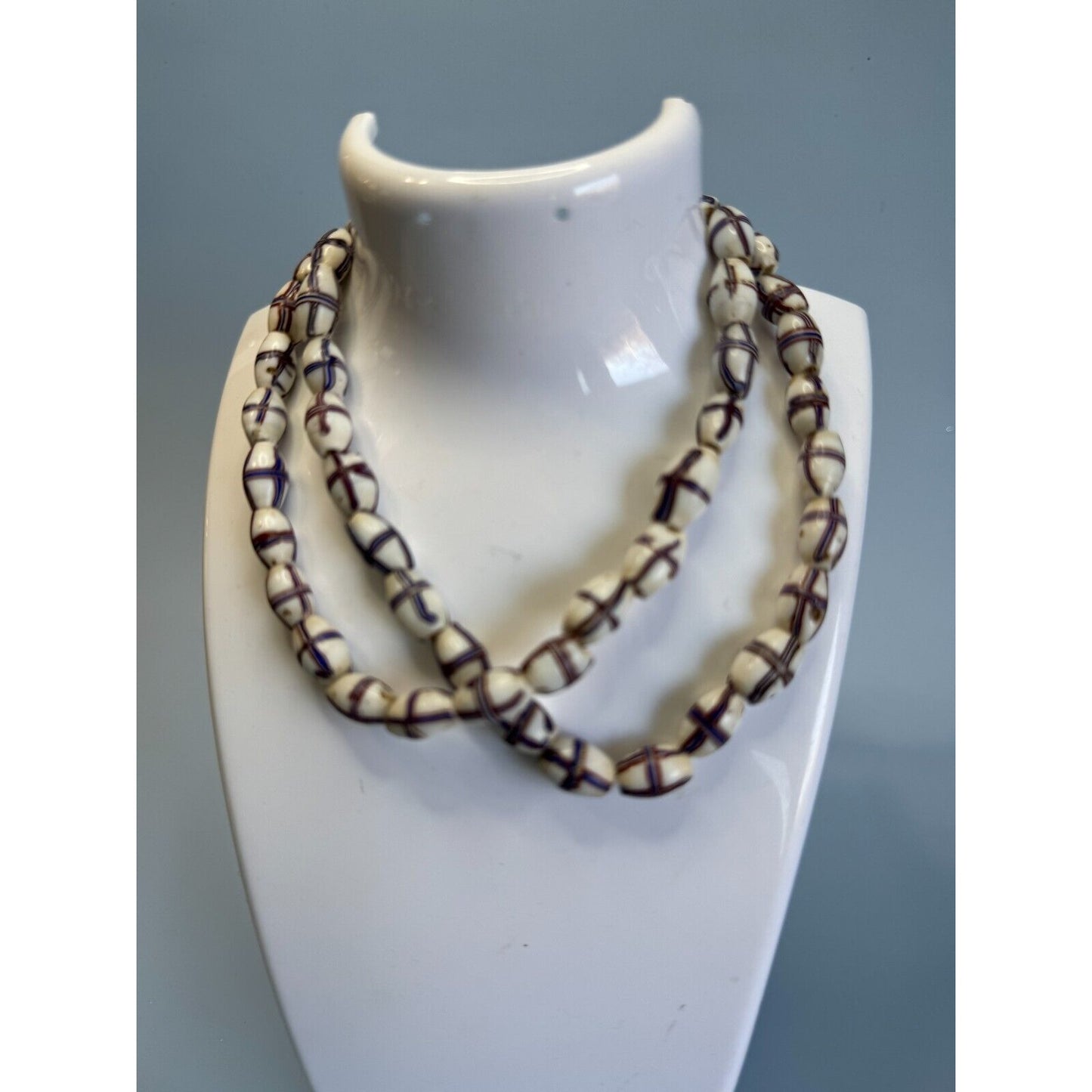 Antique French Cross Red White Blue Venetian Glass African Trade Beads Necklace