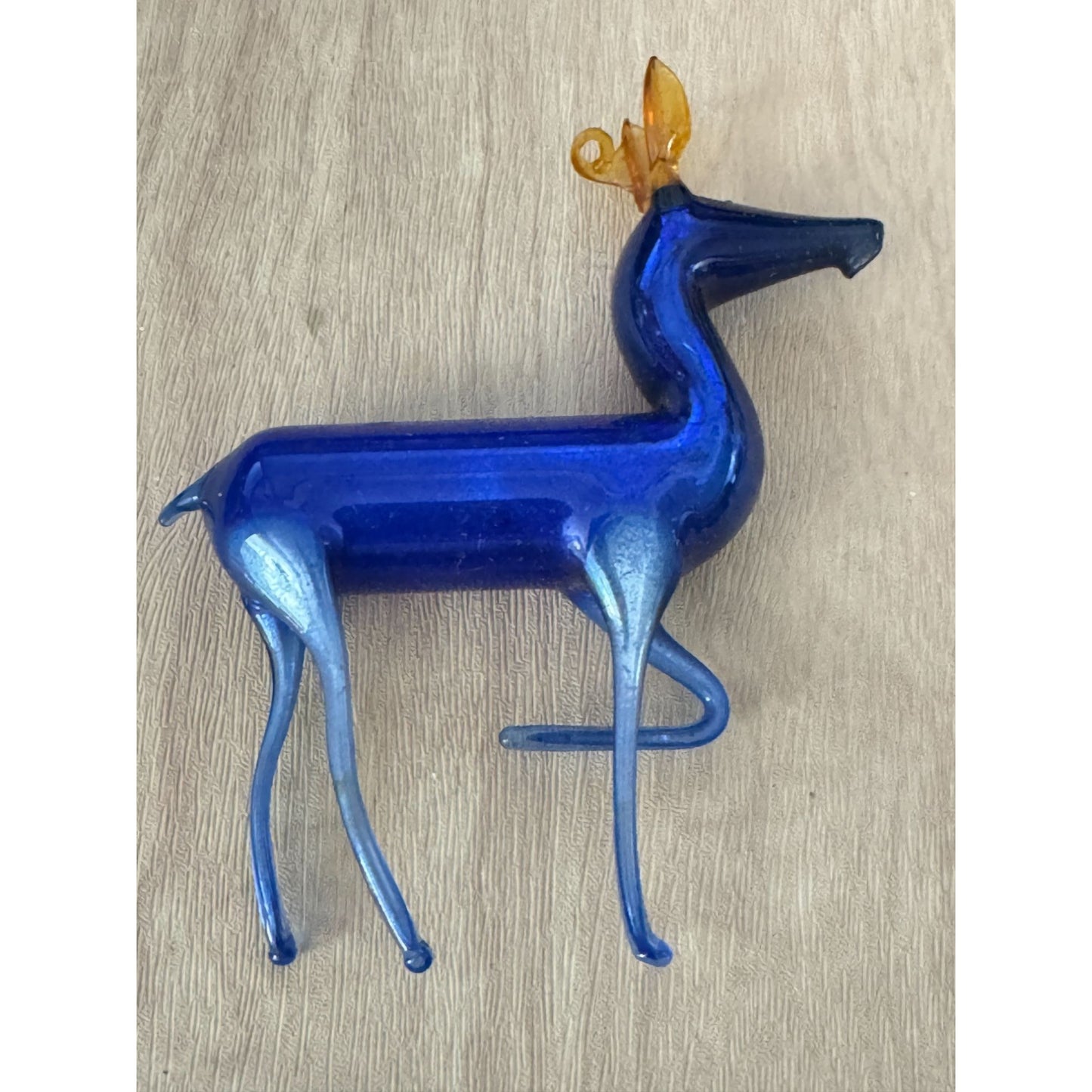 Bimini Lauscha Germany Glass Deer Figurine Cobalt Blue Amber Antlers 4"x3.5"