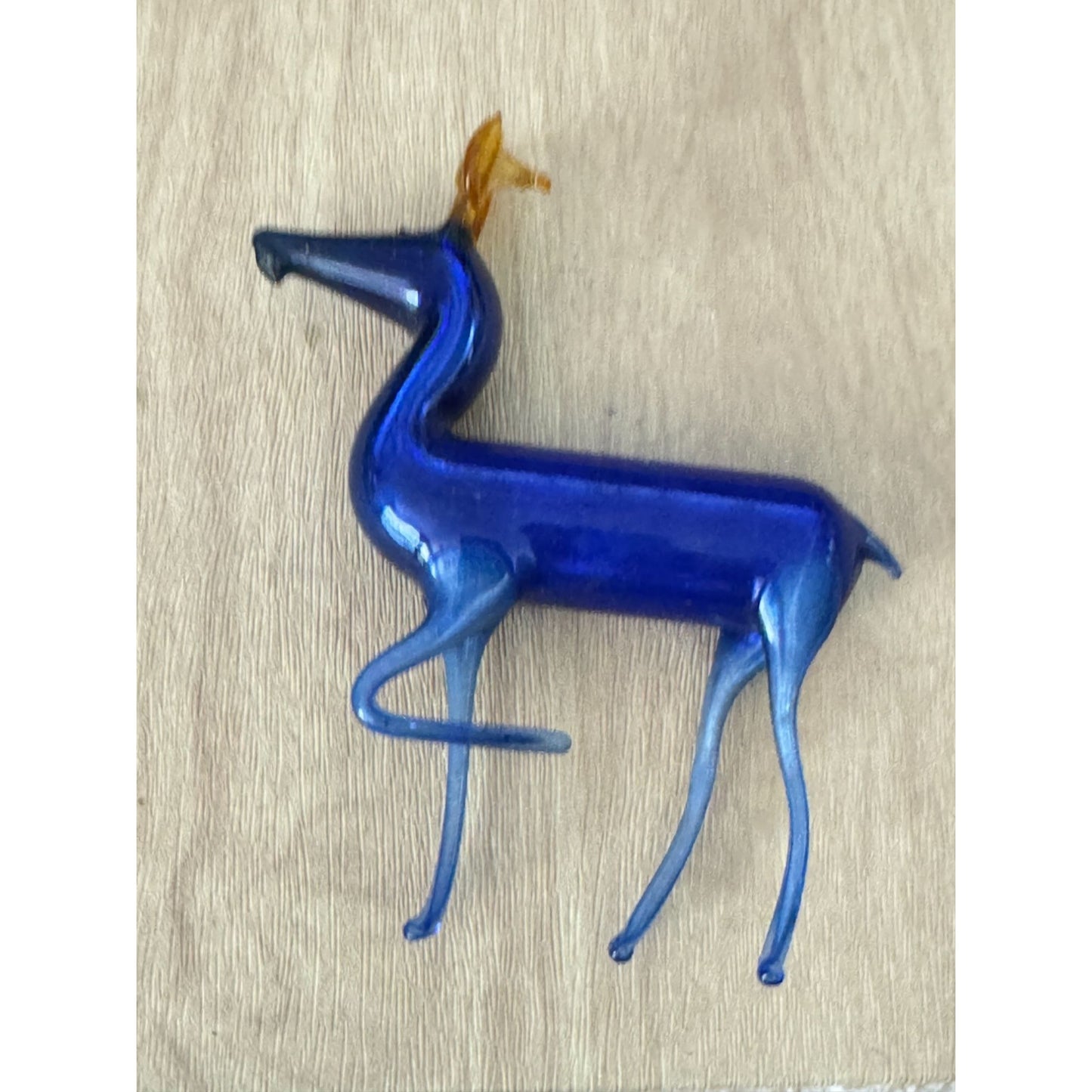 Bimini Lauscha Germany Glass Deer Figurine Cobalt Blue Amber Antlers 4"x3.5"