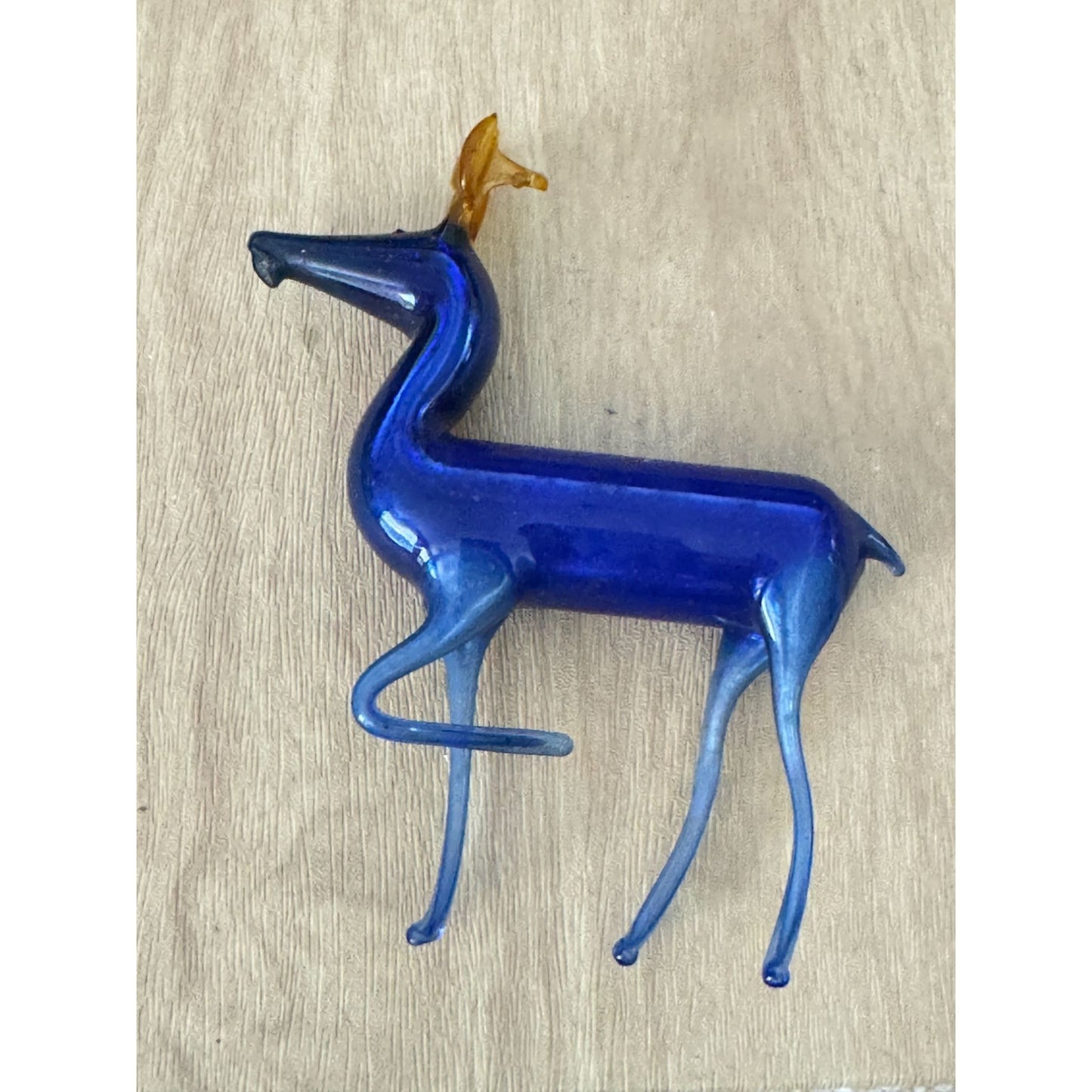 Bimini Lauscha Germany Glass Deer Figurine Cobalt Blue Amber Antlers 4"x3.5"