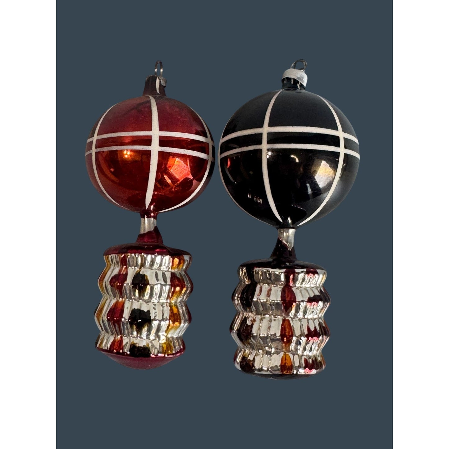 2 Vintage German Glass Hot Air Balloon Ornaments Red Black Silver Ribbed 4.5"