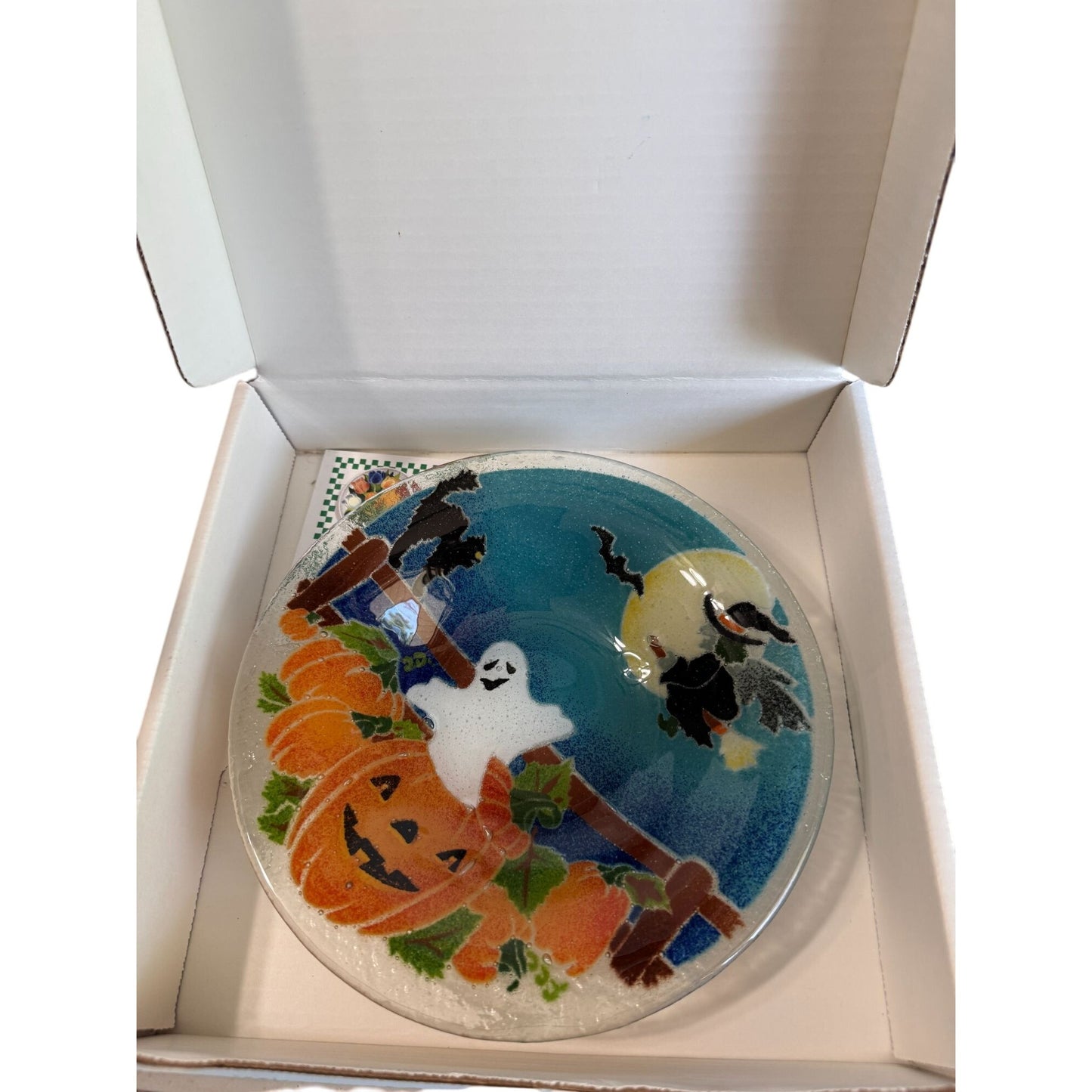 Peggy Karr Fused Glass 8.25" Halloween Bowl With Ghost Witch Pumpkin Design