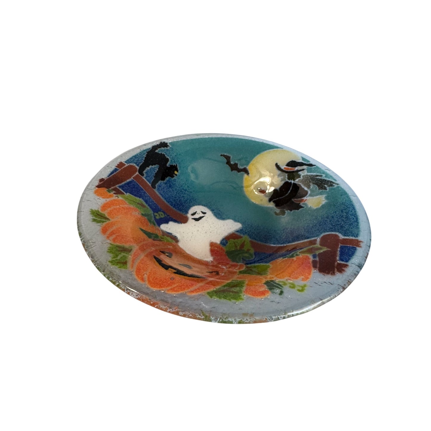 Peggy Karr Fused Glass 8.25" Halloween Bowl With Ghost Witch Pumpkin Design