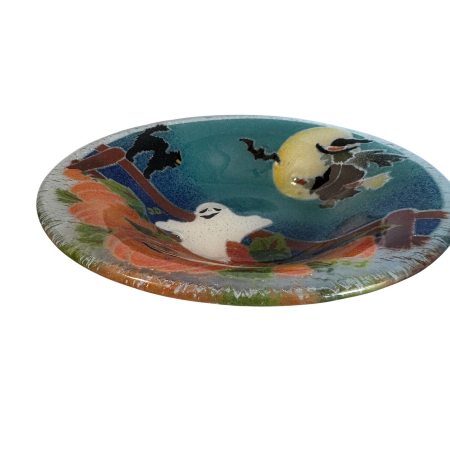 Peggy Karr Fused Glass 8.25" Halloween Bowl With Ghost Witch Pumpkin Design