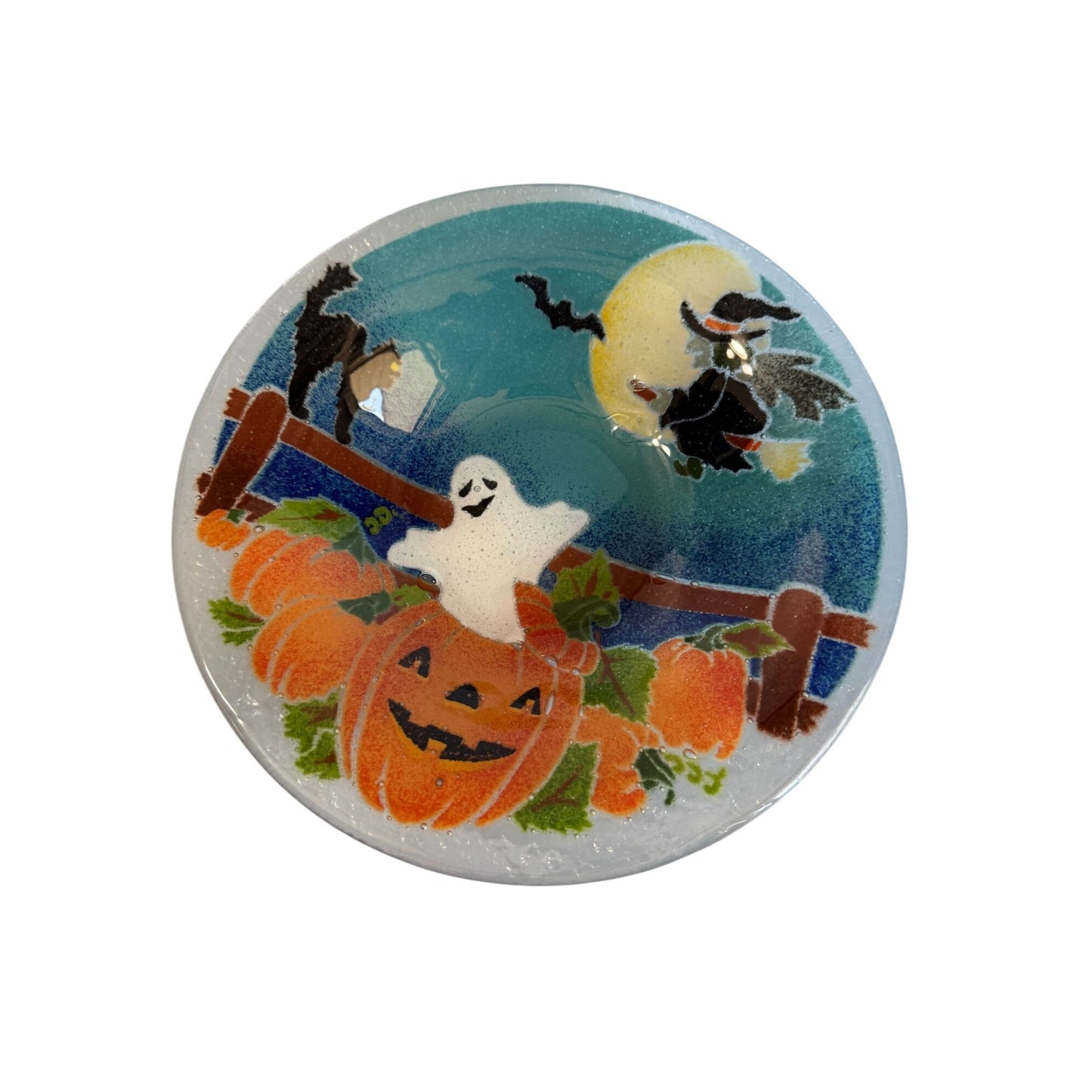Peggy Karr Fused Glass 8.25" Halloween Bowl With Ghost Witch Pumpkin Design